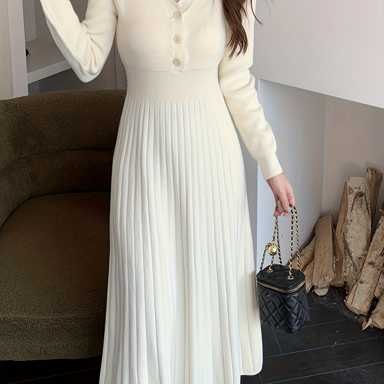 Sixsr Button Front V-neck Sweater Dress, Solid Long Sleeve Dress, Women's Clothing