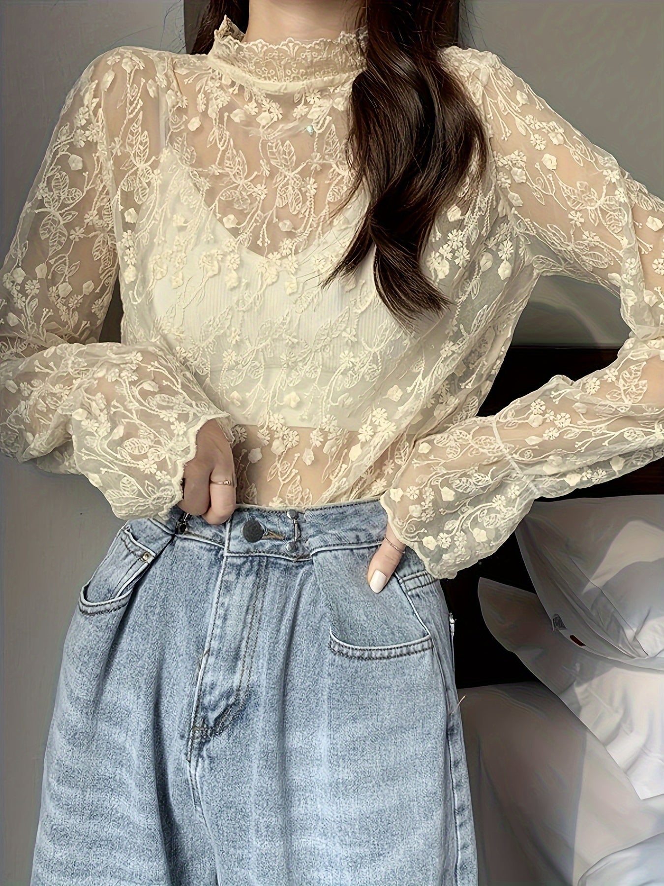 Sixsr Guipure Lace Overlay Flare Sleeve Blouse, Casual Mock Neck Long Sleeve Blouse, Women's Clothing