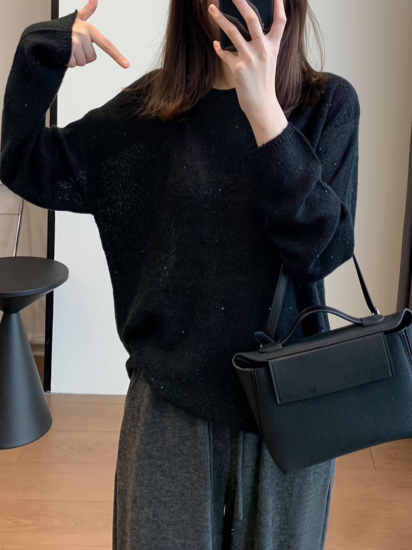 Sixsr Solid Crew Neck Pullover Sweater, Elegant Long Sleeve Drop Shoulder Sweater, Women's Clothing