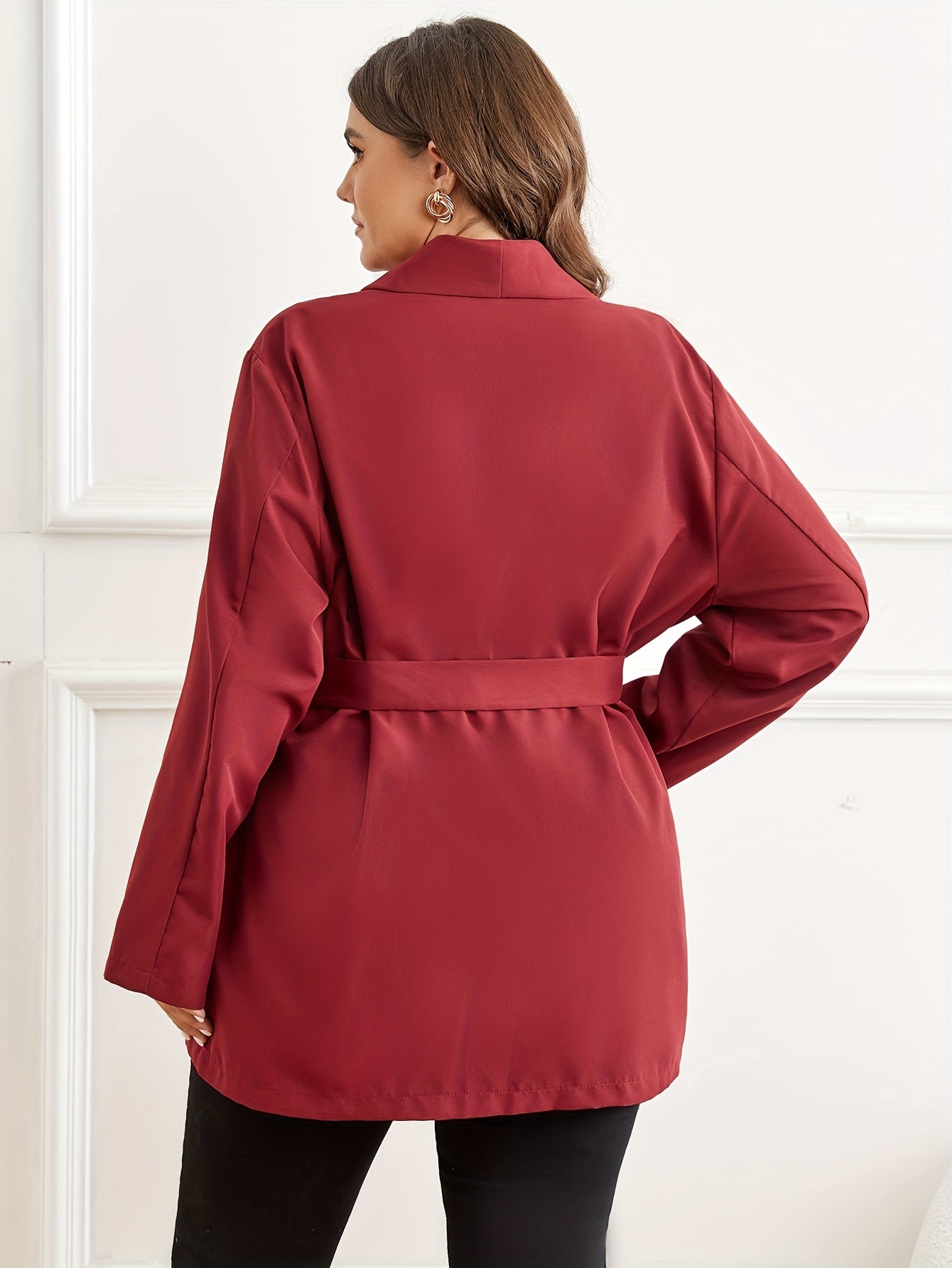 Sixsr Plus Size Casual Coat, Women's Plus Solid Long Sleeve Open Front Lapel Collar Loose Fit Coat With Pockets