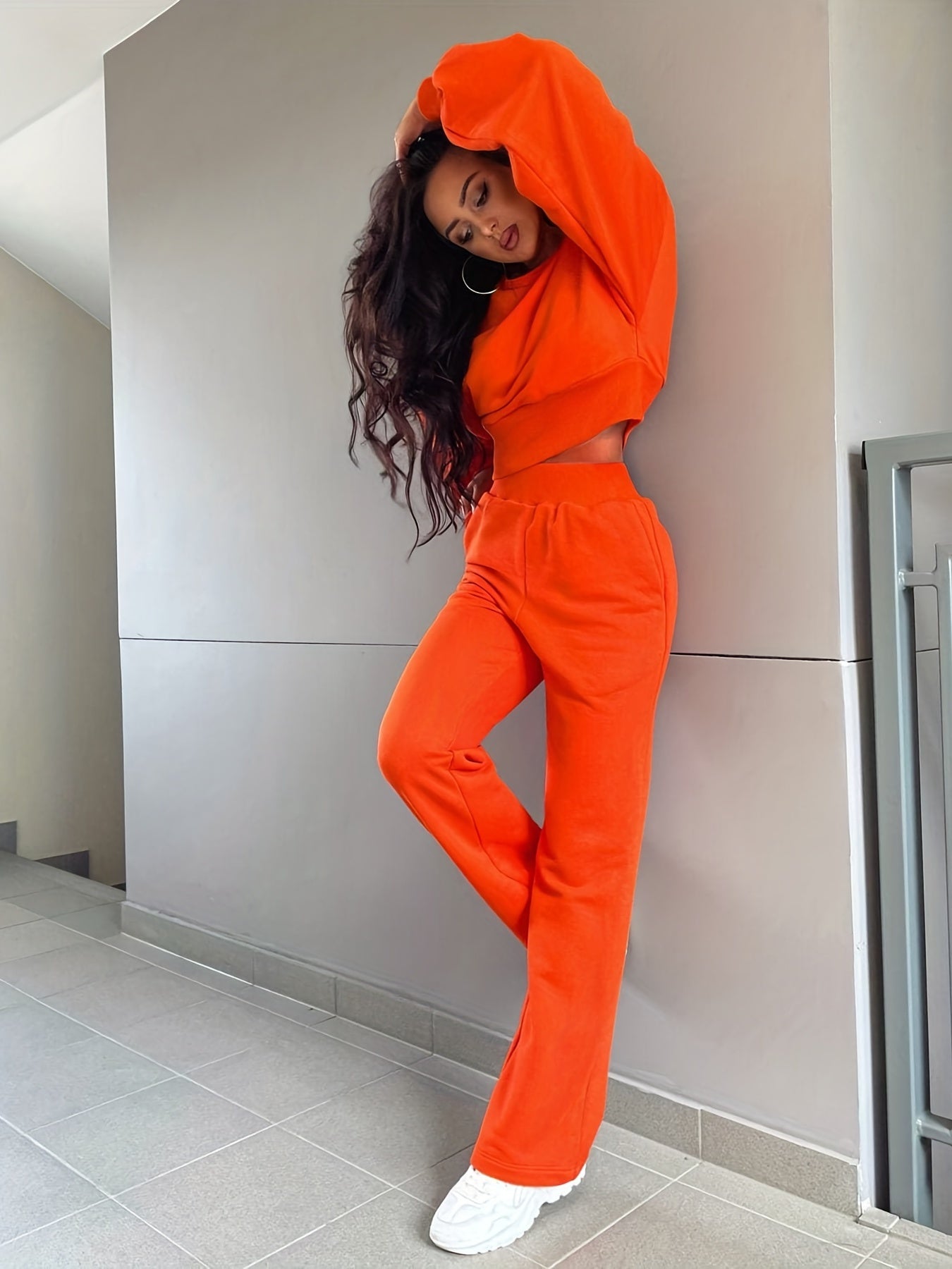 Sixsr Casual Solid Two-piece Set, Crew Neck Long Sleeve Sweatshirt & Straight Leg Pants Outfits, Women's Clothing