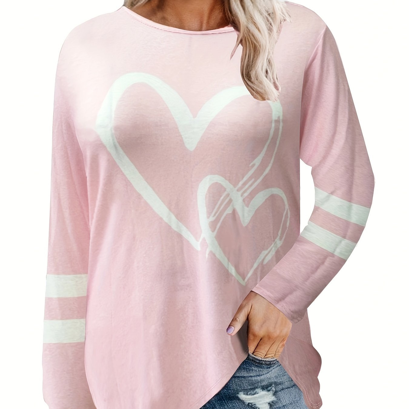 Sixsr Plus Size Casual Sweatshirt, Women's Plus Heart & Stripe Print Long Sleeve Crew Neck Slight Stretch Pullover Sweatshirt, Casual Tops For Fall & Winter, Plus Size Women's Clothing