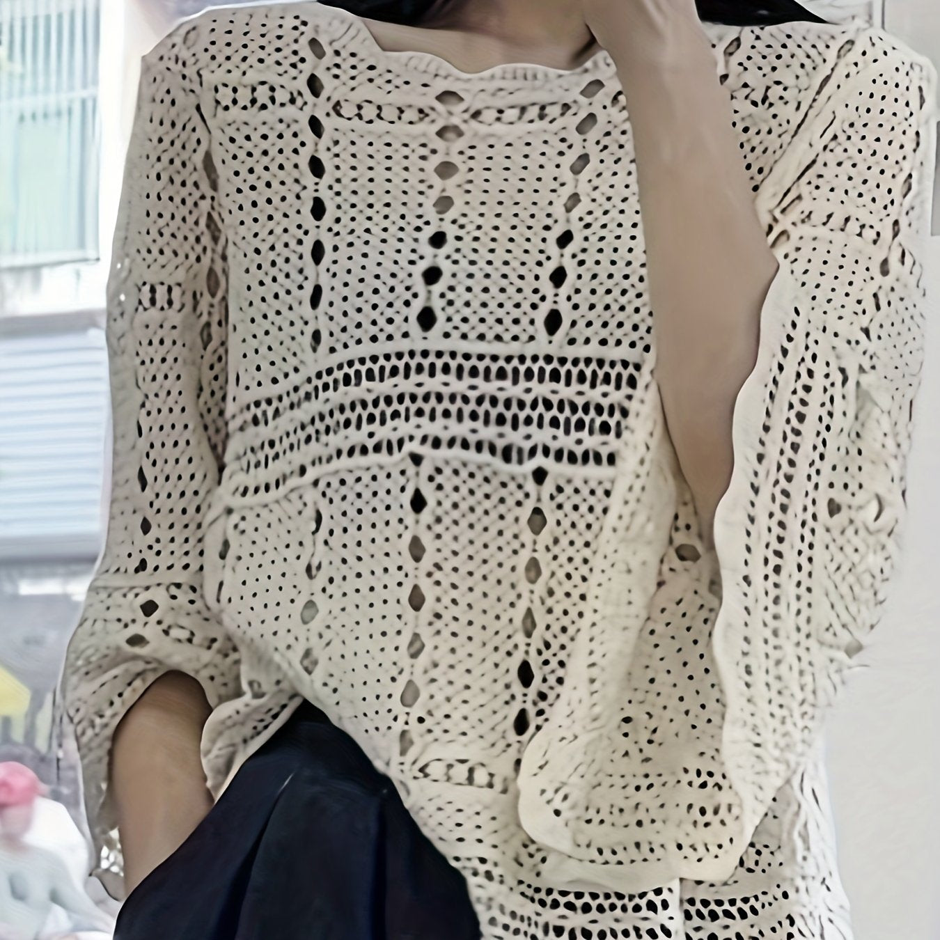 Sixsr Solid Hollow Crew Neck Pullover Top, Casual Long Sleeve Scallop Trim Versatile Stylish Sweater, Women's Clothing