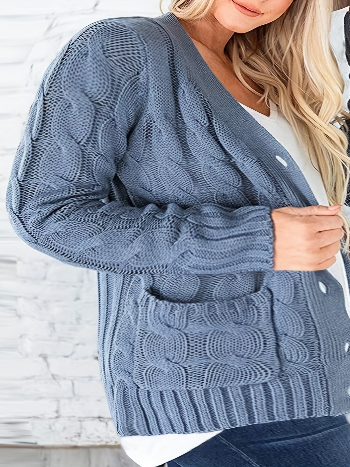 Sixsr Plus Size Casual Sweater, Women's Plus Solid Cable Button Up Long Sleeve Slight Stretch Cardigan With Pockets