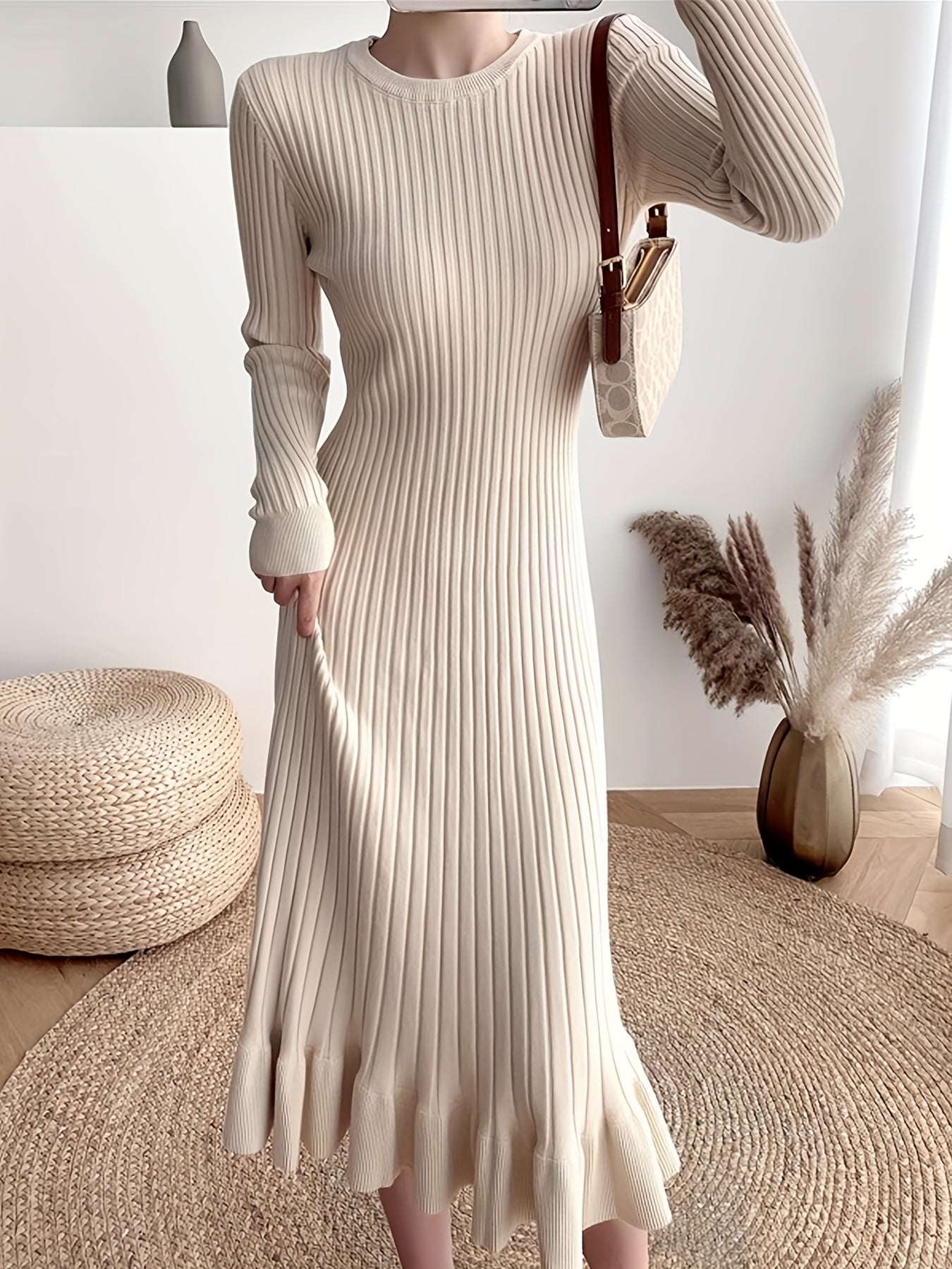 Sixsr Ribbed Ruffle Hem Dress, Elegant Crew Neck Long Sleeve Dress, Women's Clothing