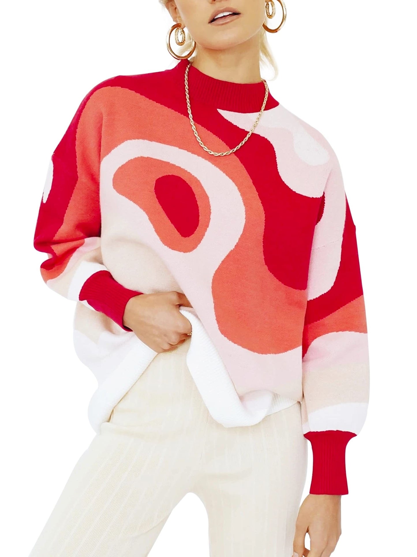 Sixsr Plus Size Casual Sweater, Women's Plus Abstract Print Long Sleeve Mock Neck Medium Stretch Pullover Jumper