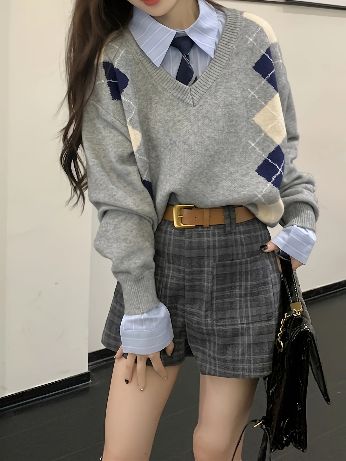 Sixsr Argyle Pattern V Neck Pullover Sweater, Vintage Long Sleeve Loose Sweater For Fall & Winter, Women's Clothing