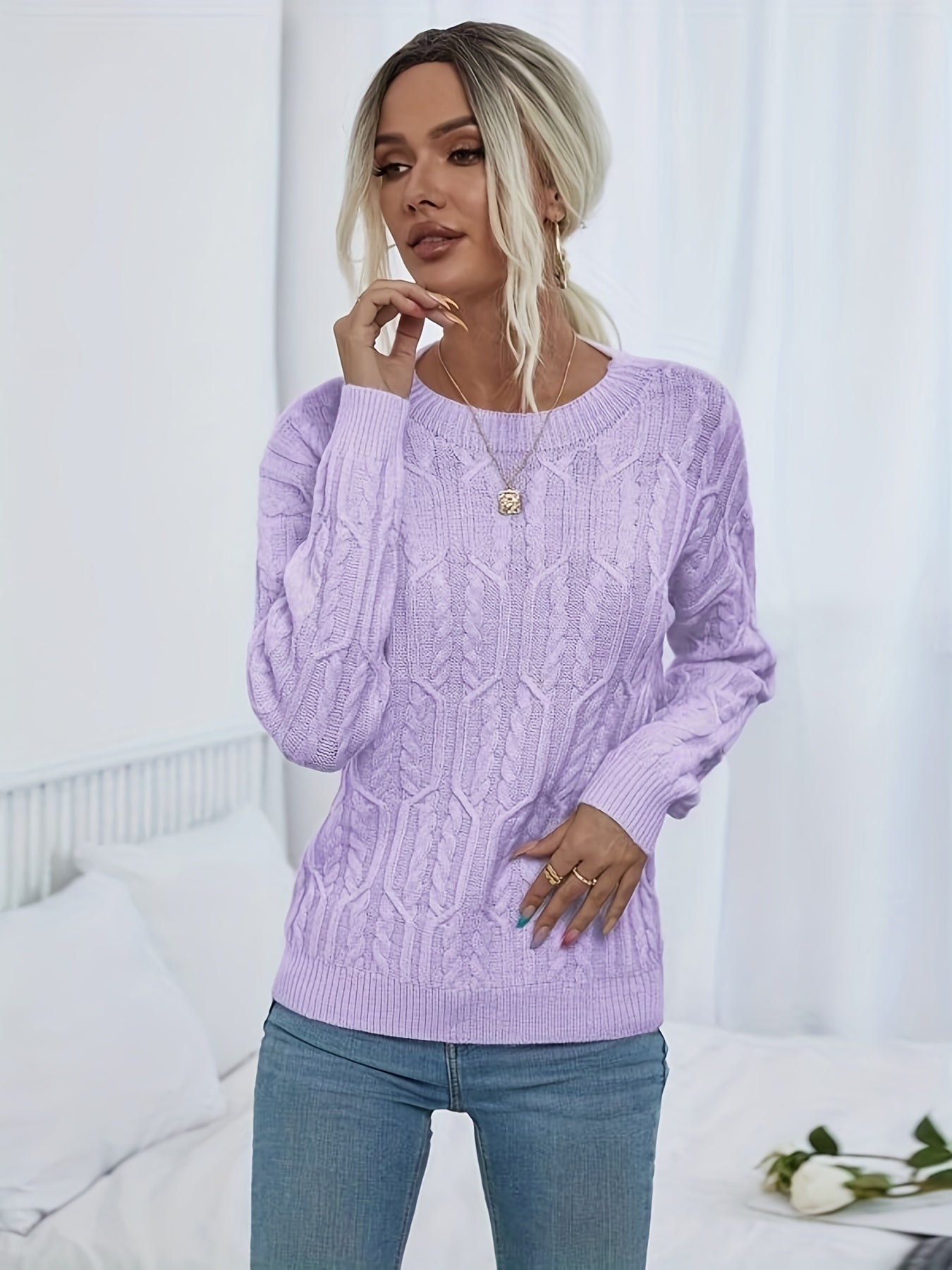 Sixsr Twist Pattern Crew Neck Sweater, Casual Long Sleeve Sweater For Fall & Winter, Women's Clothing