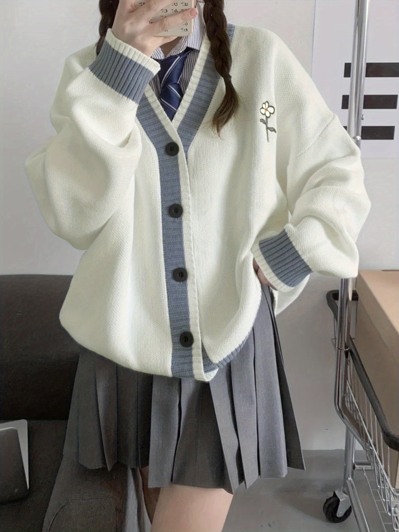 Sixsr Floral Pattern Contrast Trim Cardigan, Casual Long Sleeve Cardigan For Fall & Winter, Women's Clothing