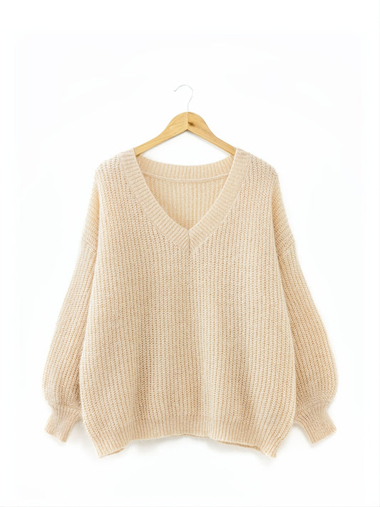 Sixsr Plus Size Waffle Pattern V Neck Sweater, Women's Plus Slight Stretch Long Sleeve Casual Sweater