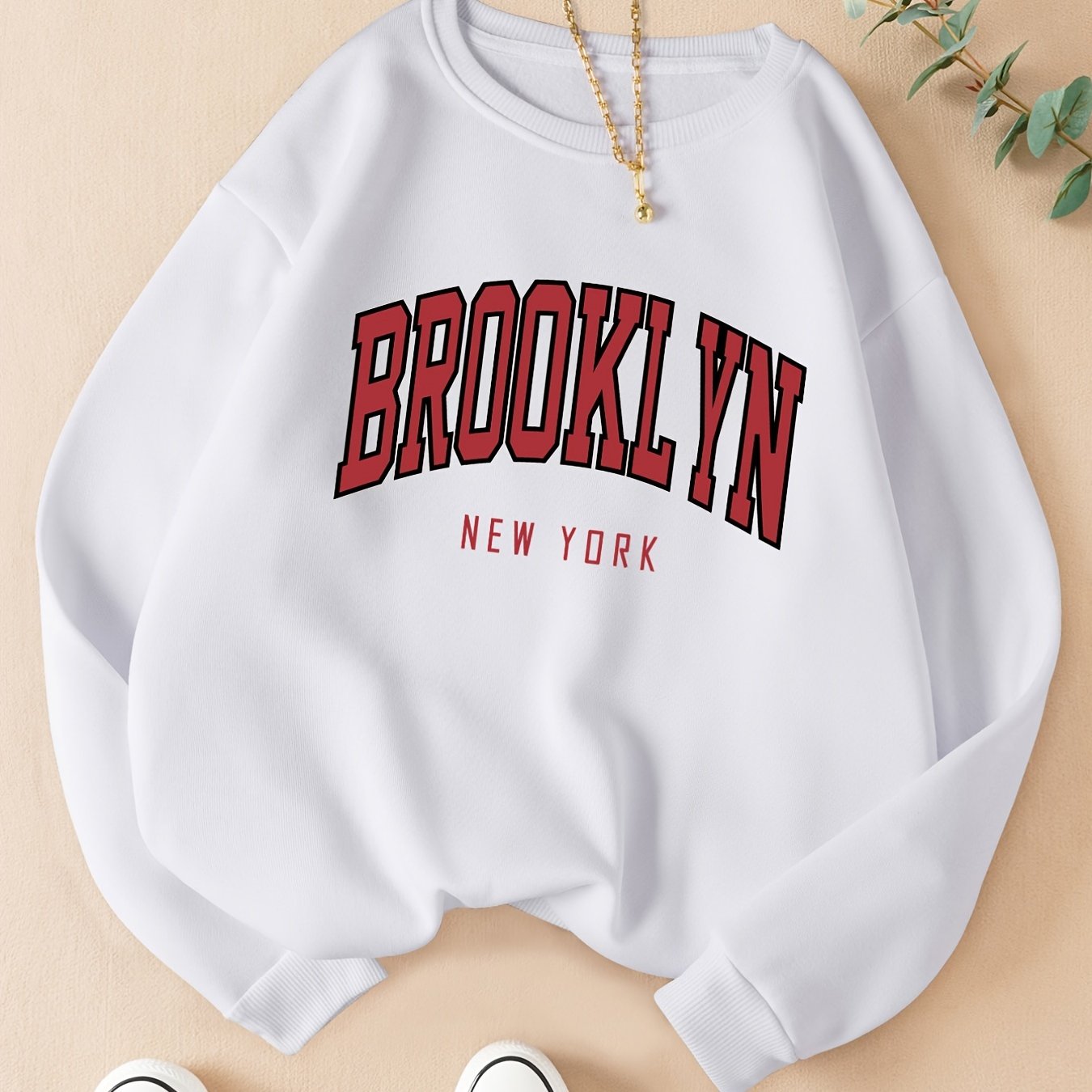 Sixsr Brooklyn Print Solid Pullover, Crew Neck Long Sleeve Casual Sweatshirt, Women's Clothing