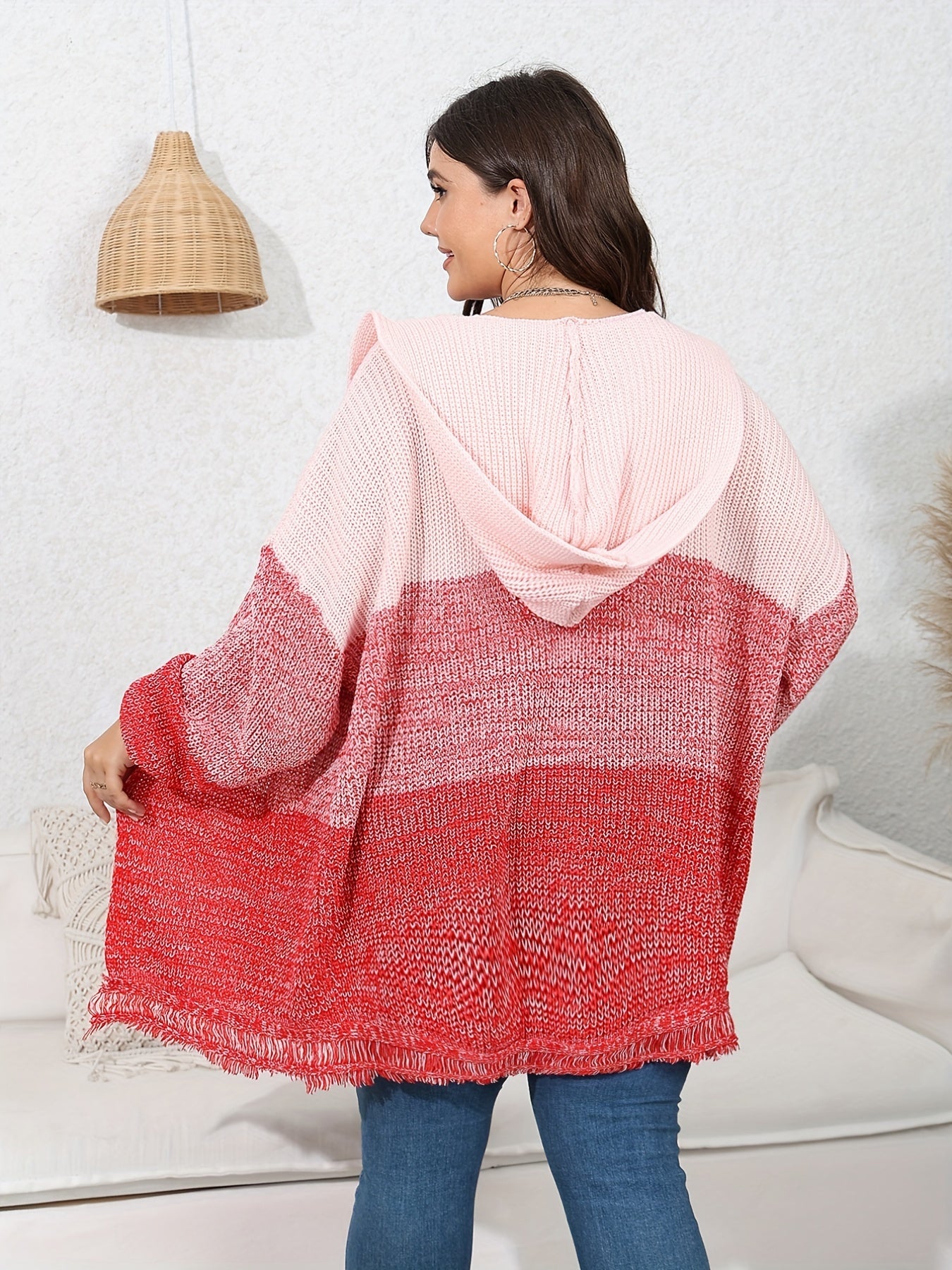 Sixsr Plus Size Colorblock Hoodie Fringe Trim Cardigan, Women's Plus Slight Stretch Casual Sweater Cardigan