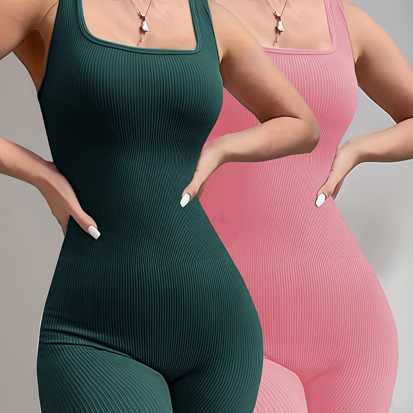 Sixsr 2pcs Solid Color Ribbed Yoga Jumpsuit, Square Neck Sports Fitness Sleeveless Bodysuit, Women's Activewear