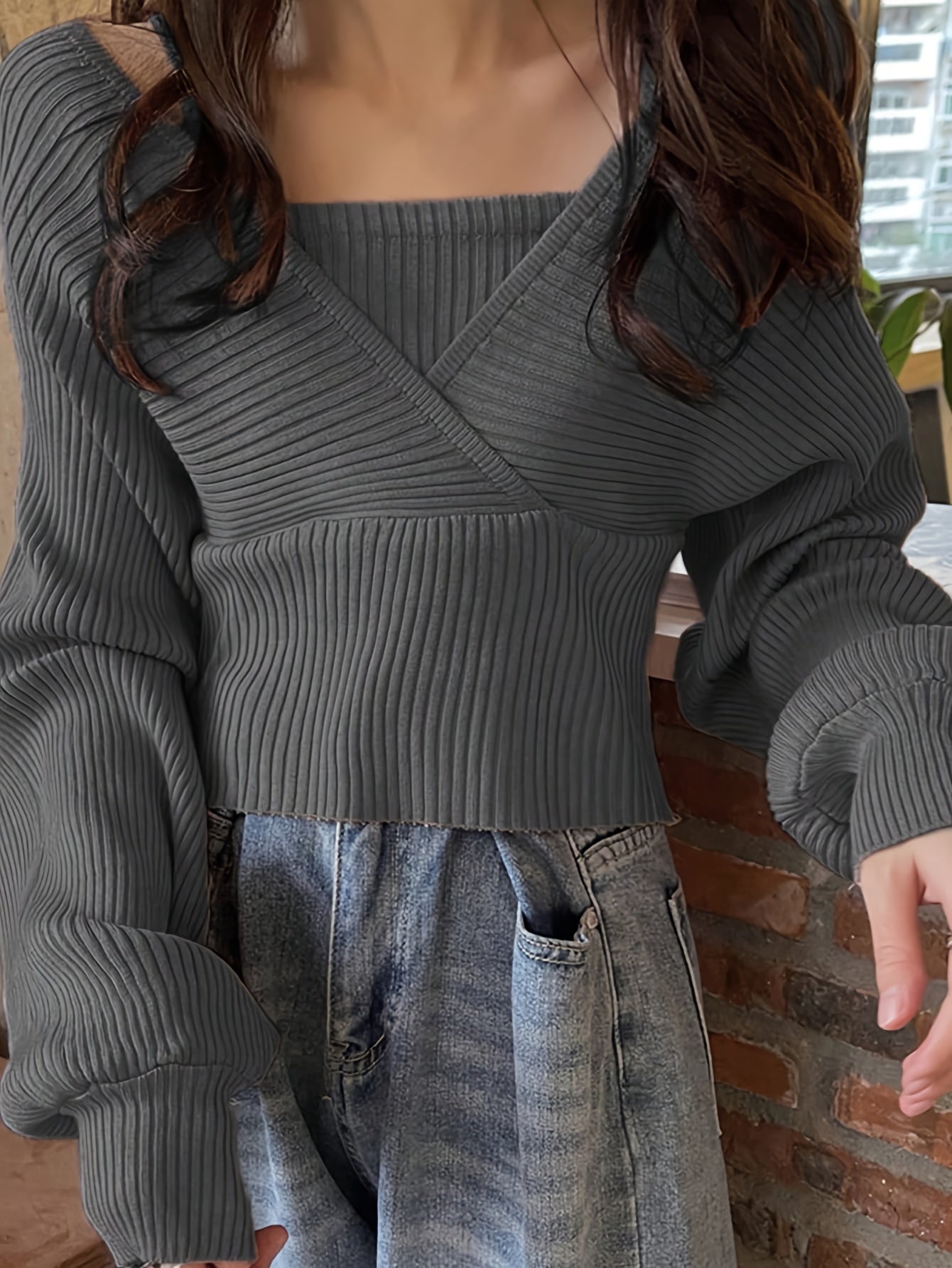 Sixsr Solid Color Faux Twinset Sweater, Chic Long Sleeve Crop Tied Sweater For Fall & Winter, Women's Clothing
