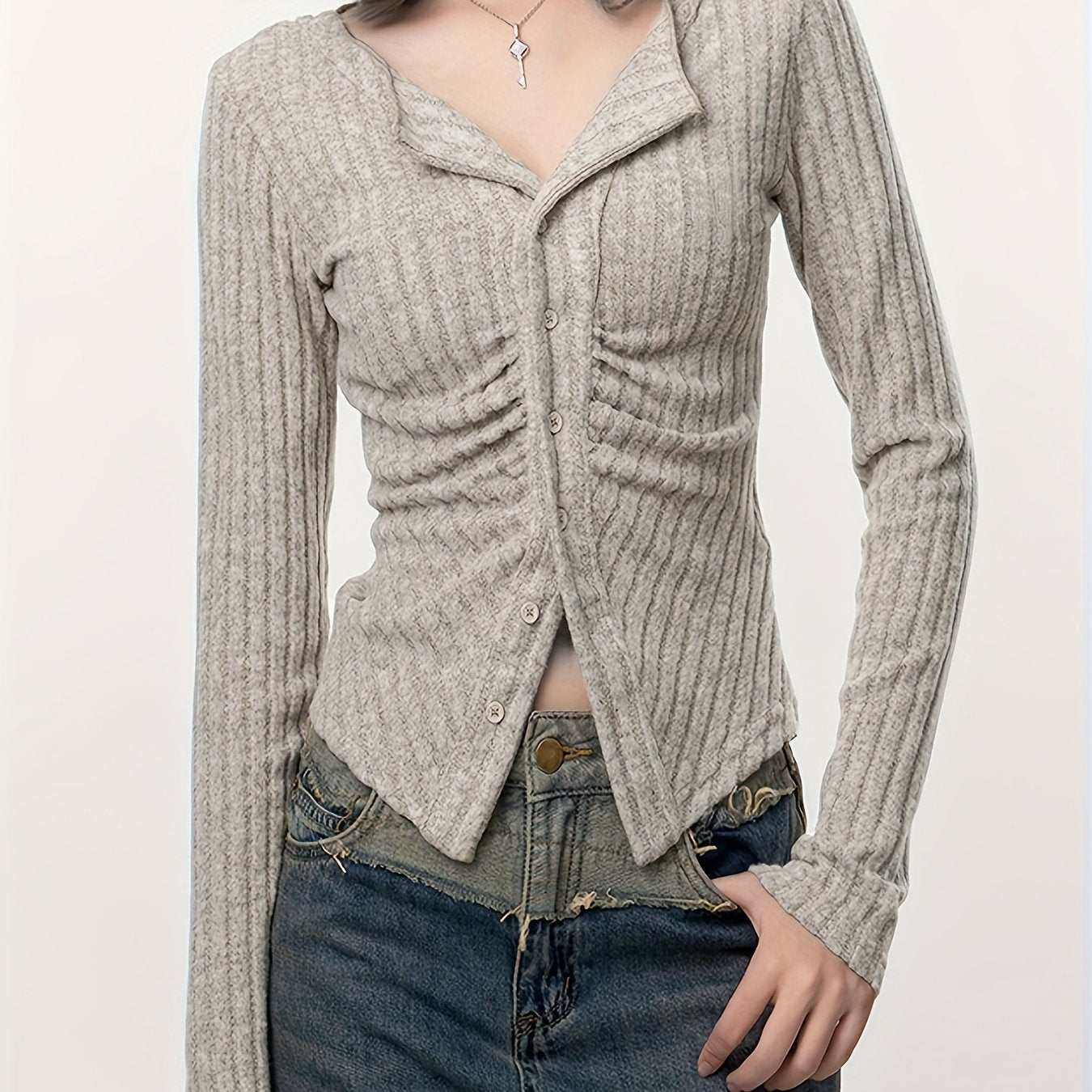 Sixsr Long Sleeve Ribbed T-Shirt, Casual Button Up Top For Spring & Fall, Women's Clothing