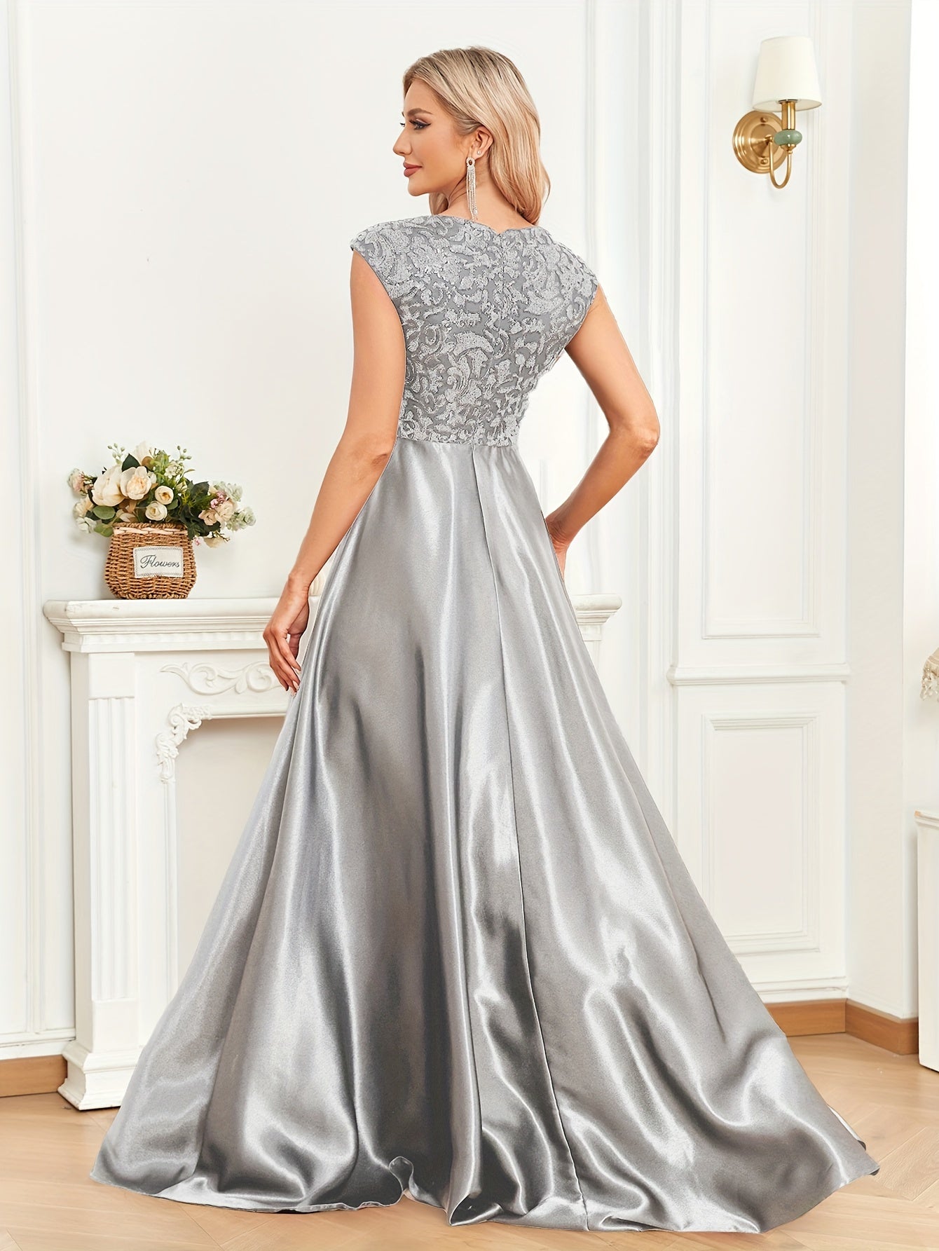Sixsr Cap Sleeve Embroidered Dress, Elegant V-neck Floor Length Dress For Wedding Party, Women's Clothing