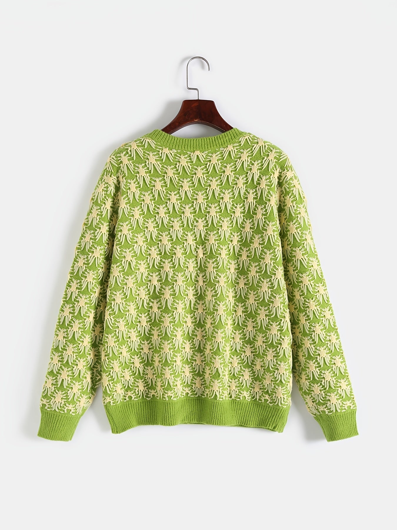 Sixsr Plus Size Jacquard Long Sleeve Knitwear, Women's Plus Casual Round Neck Slight Stretch Pullover Sweater