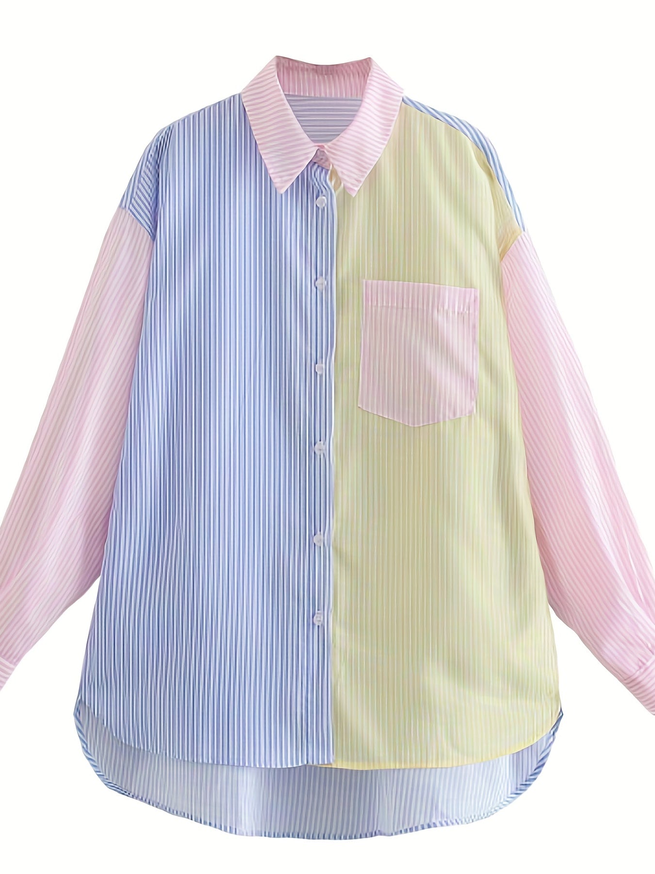Sixsr Plus Size Casual Blouse, Women's Plus Colorblock Stripe Print Long Sleeve Turn Down Collar Button Up Tunic Shirt Top