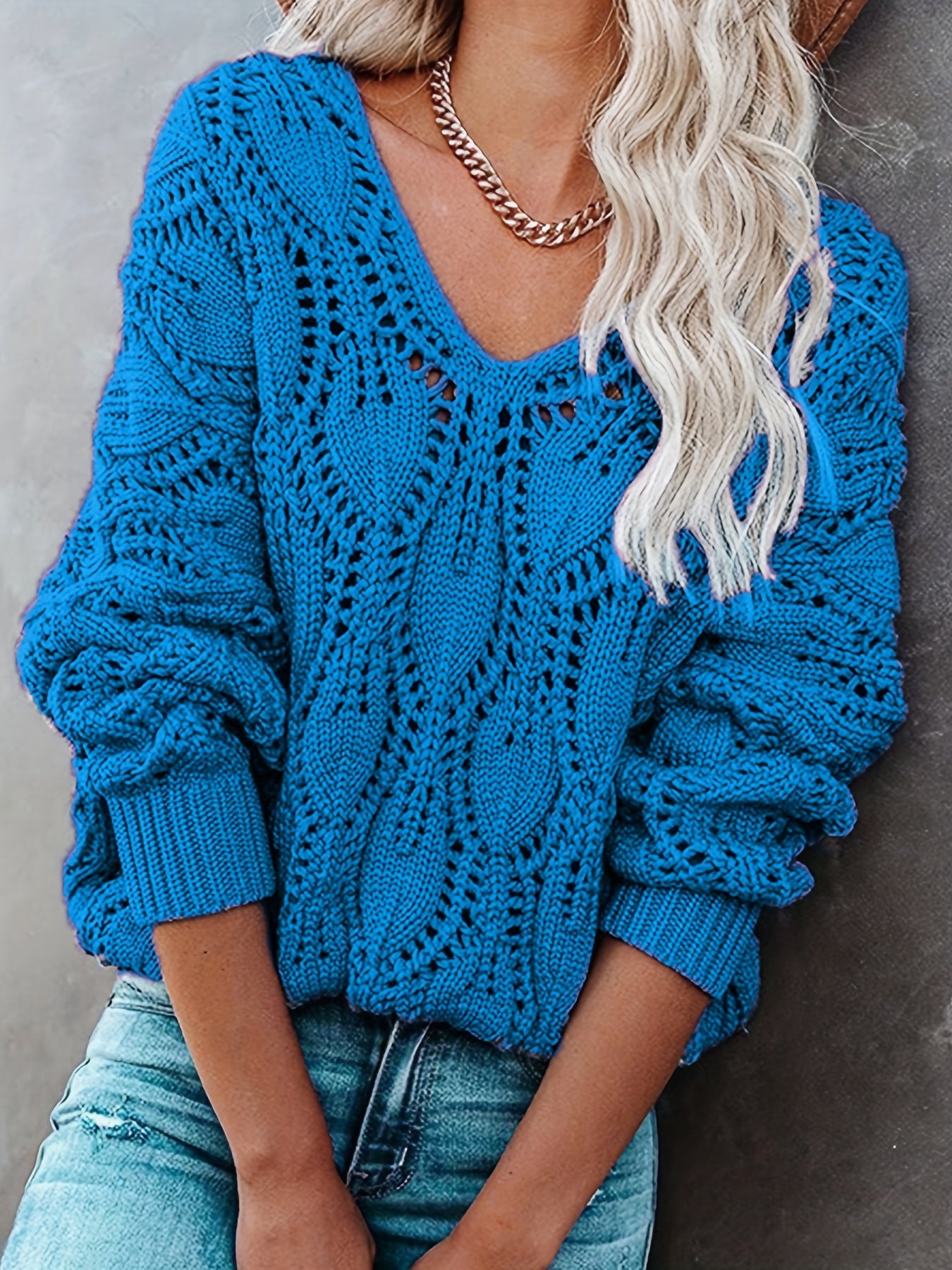 Sixsr Plus Size Casual Sweater, Women's Plus Solid Eyelet Embroidered Long Sleeve V Neck Slight Stretch Pullover Sweater