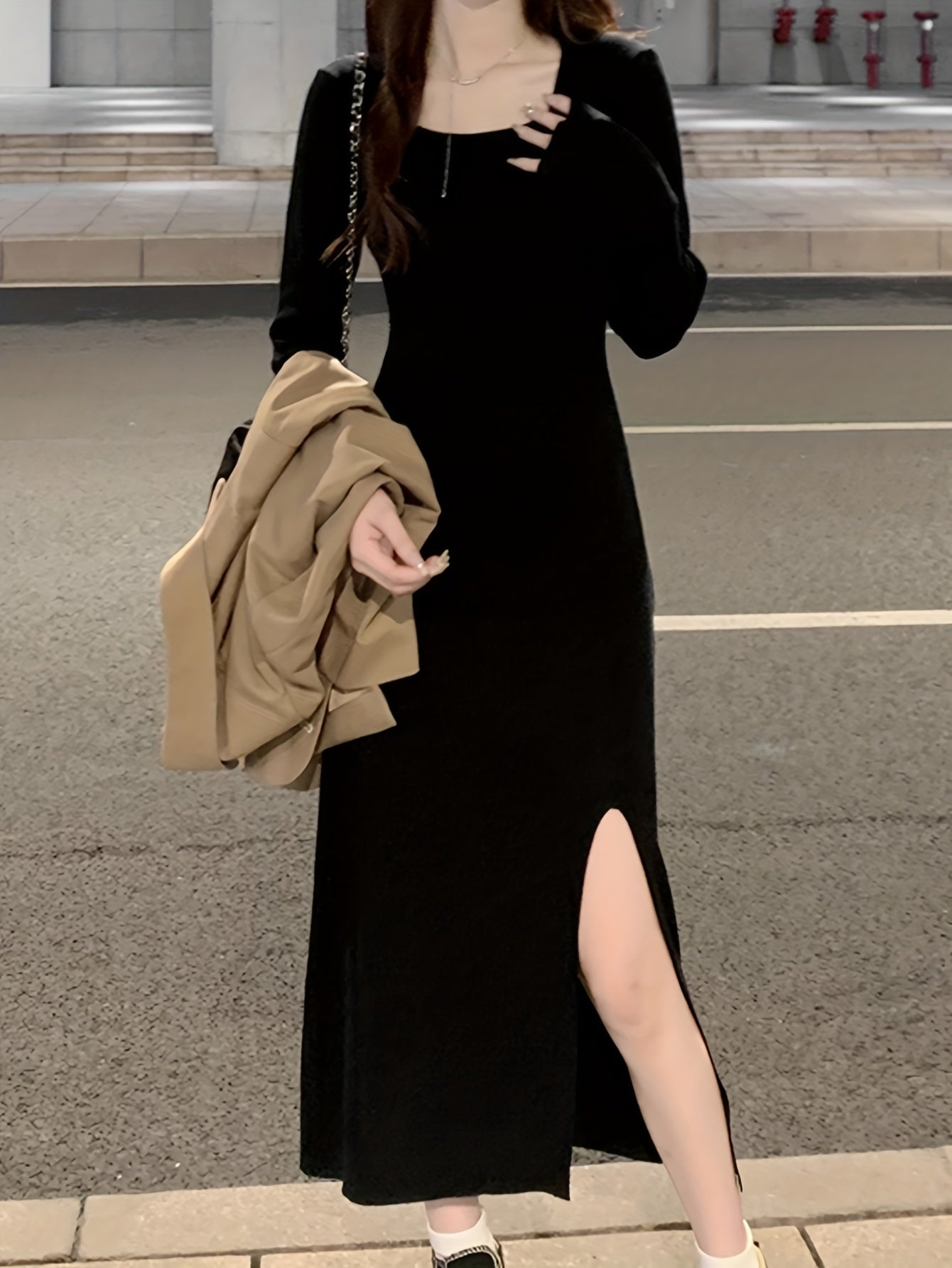Sixsr Solid Square Neck Split Dress, Elegant Long Sleeve Slim Dress For Spring & Fall, Women's Clothing