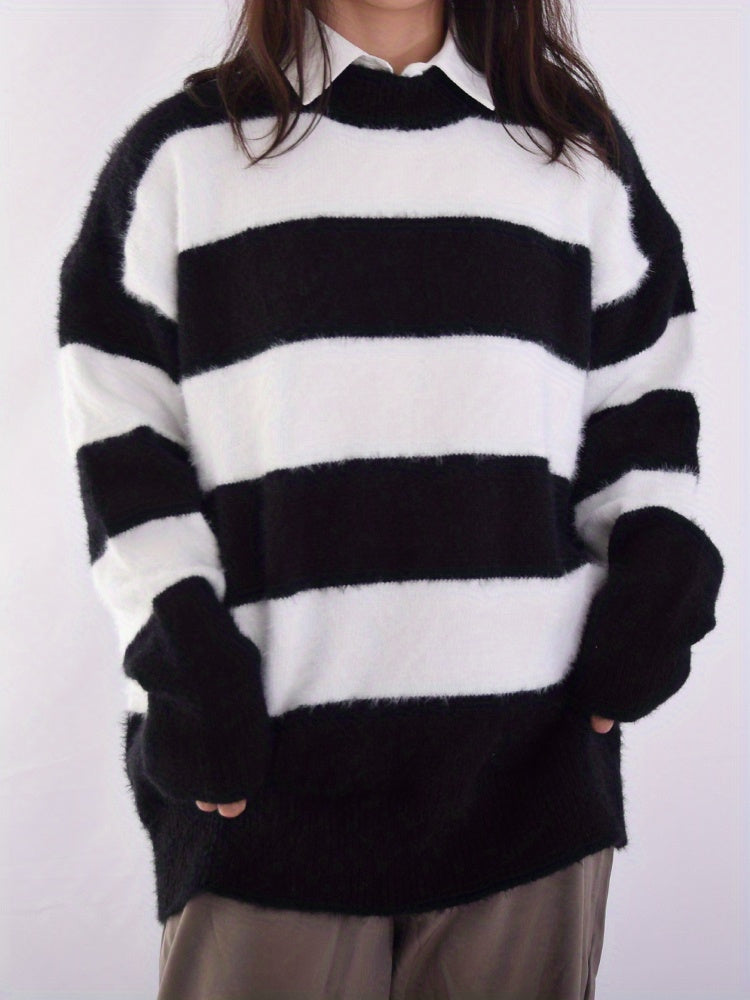 Sixsr Color Block Striped Knit Sweater, Casual Crew Neck Long Sleeve Sweater For Spring & Fall, Women's Clothing