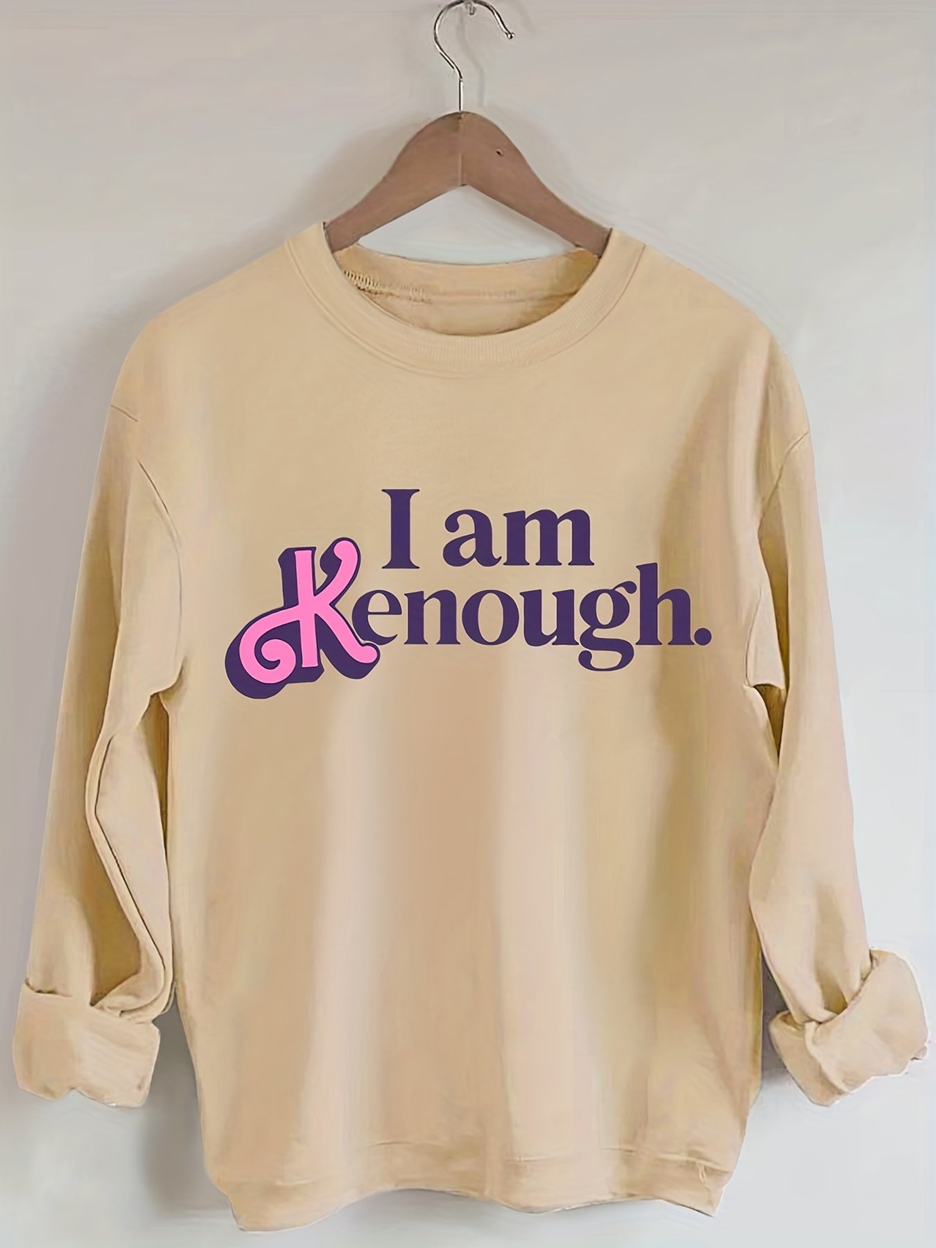 Sixsr I Am Kenough Print Sweatshirt, Casual Long Sleeve Crew Neck Sweatshirt For Winter & Fall, Women's Clothing