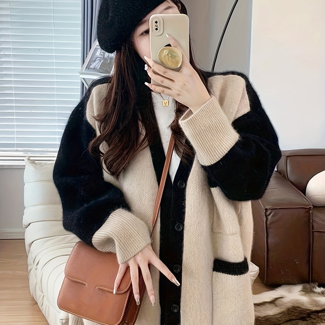Sixsr Contrast Color Button Front Sweater Cardigan, Oversized V-neck Sweater For Fall & Winter, Women's Clothing