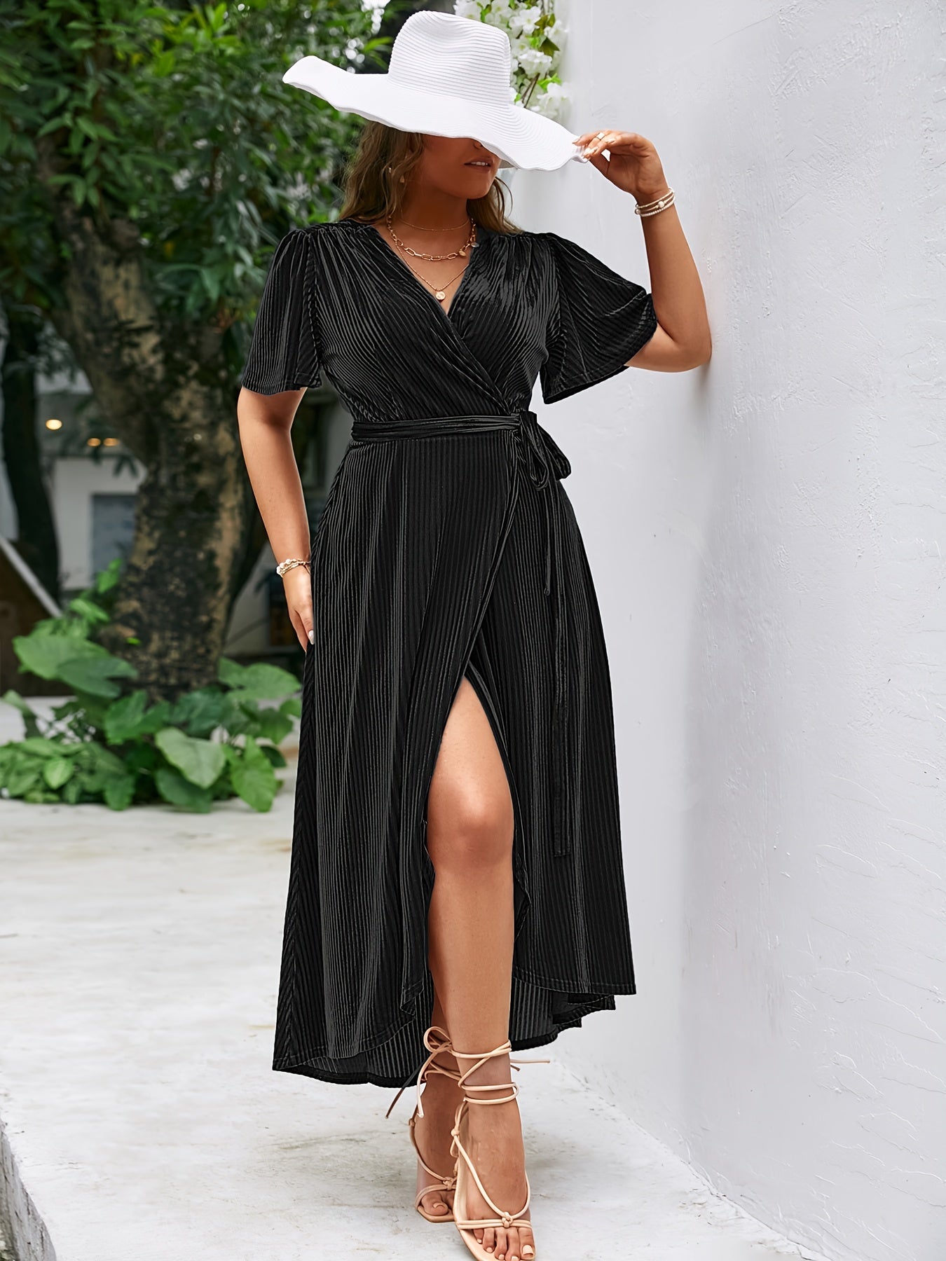 Sixsr Plus Size Velvet V Neck Short Sleeve High Split Maxi Dress, Women's Plus Medium Stretch Elegant Long Wrap Dress
