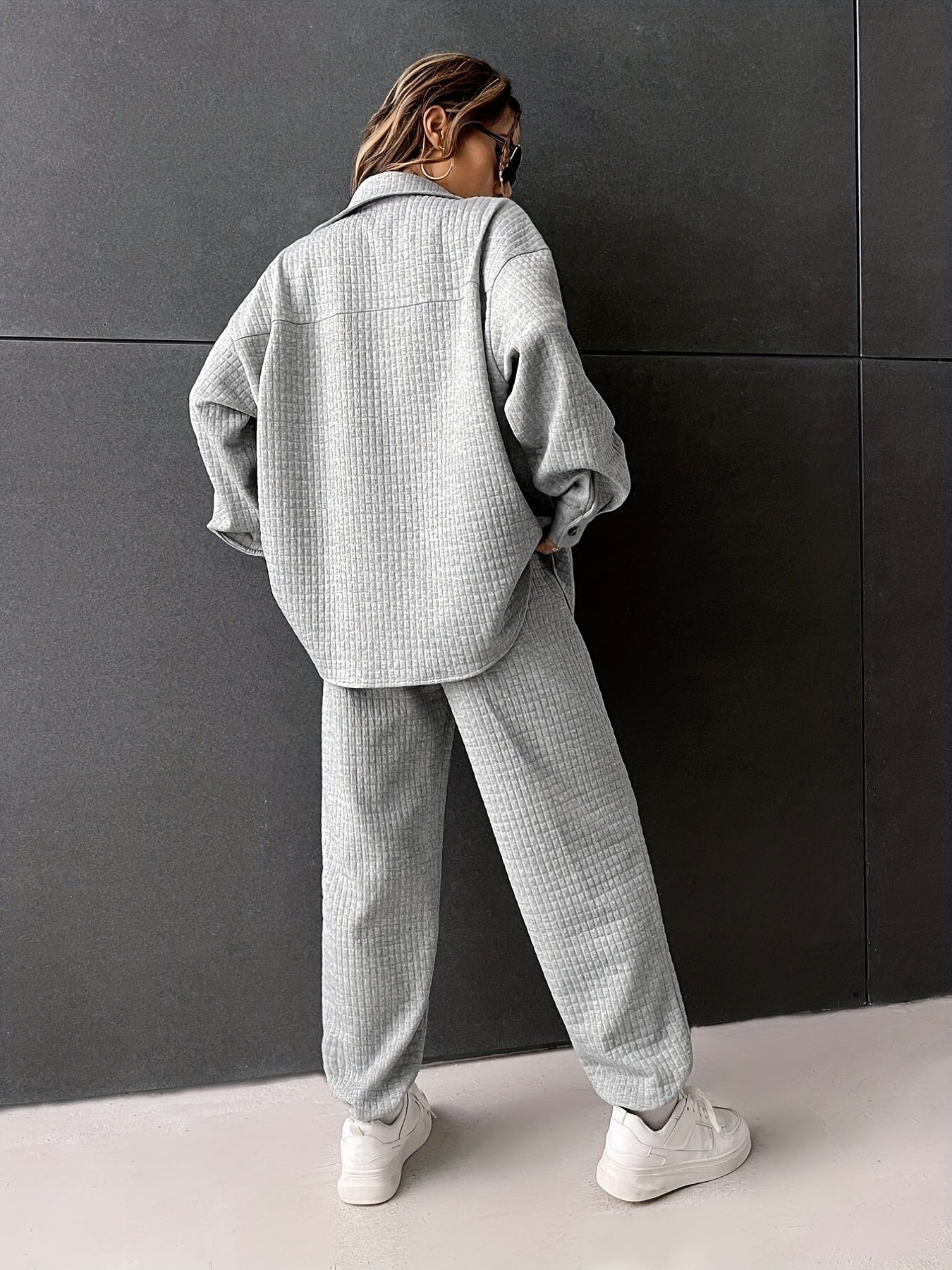 Sixsr Solid Casual Two-piece Set, Button Front Long Sleeve Shirt & Elastic Waist Jogger Pants Outfits, Women's Clothing