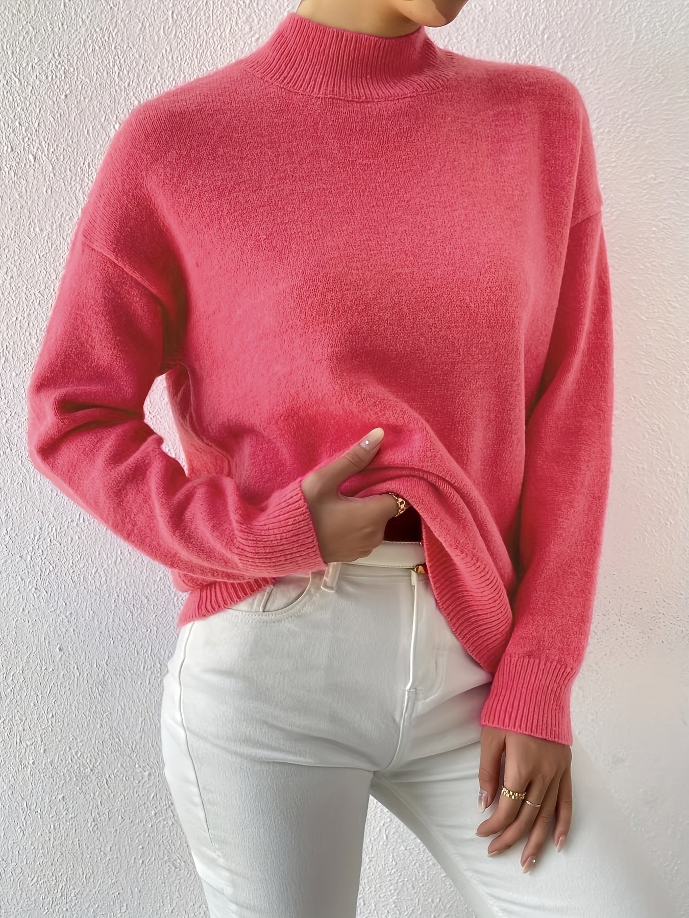 Sixsr Plus Size Casual Sweater, Women's Plus Solid Long Sleeve High Neck Medium Stretch Jumper