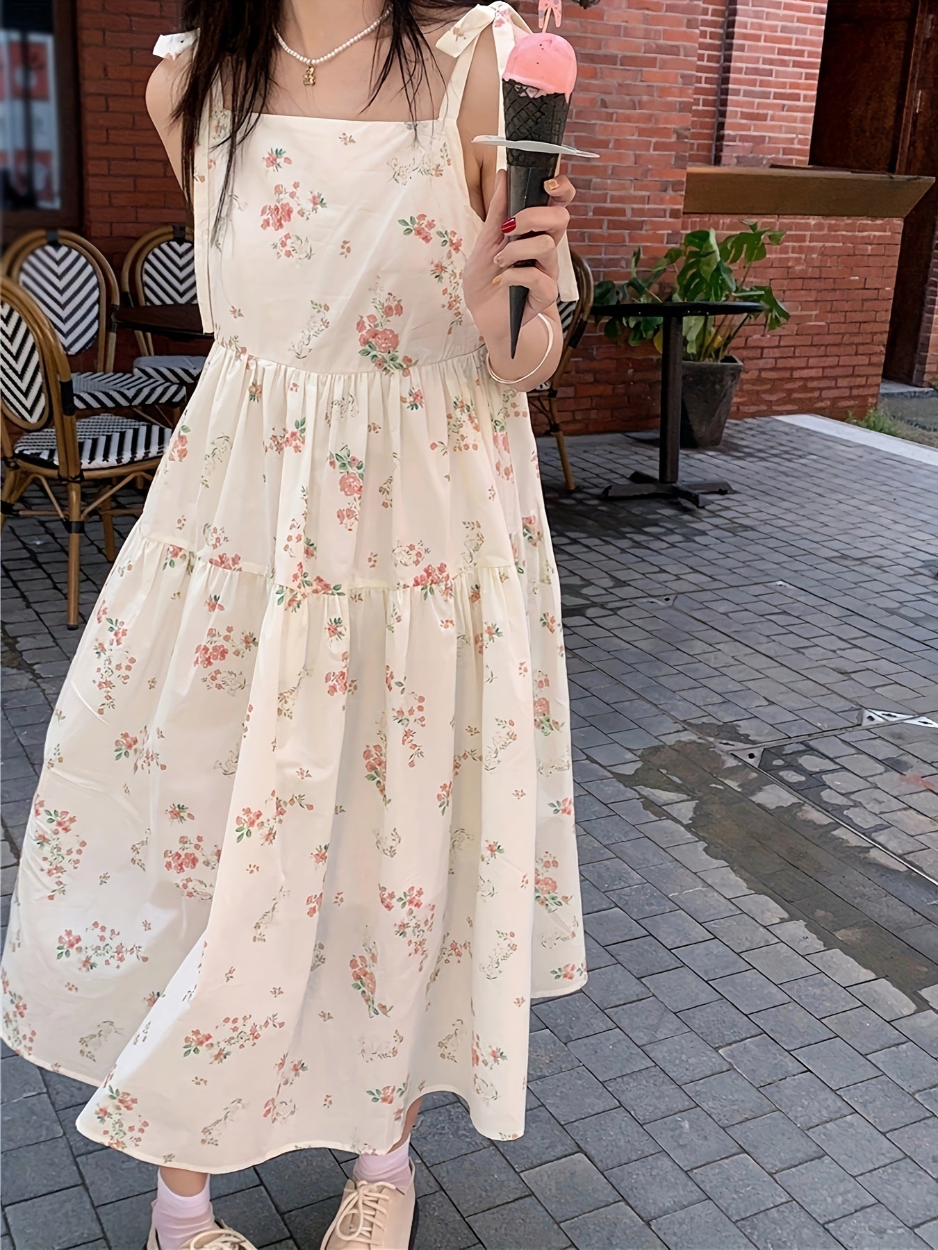 Sixsr Floral Print Knot Strap Dress, Sleeveless Straight Neck Loose Babydoll Dress, Women's Clothing