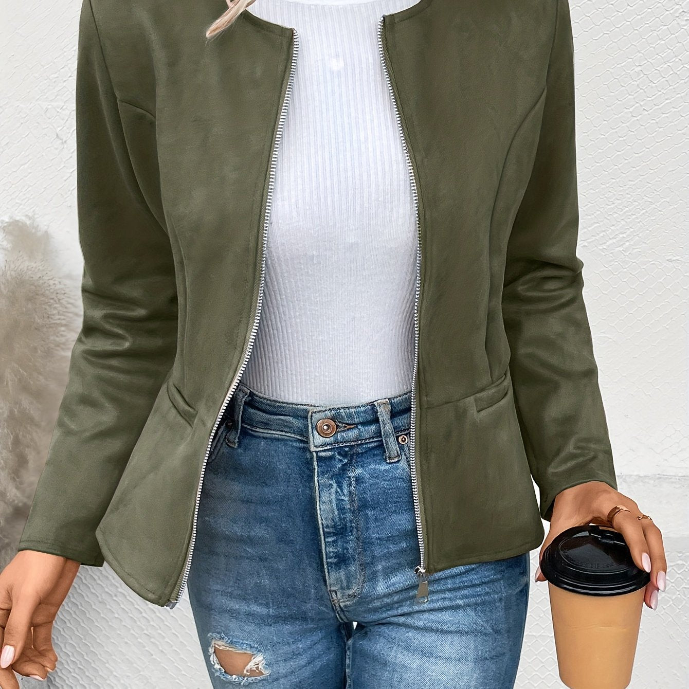Sixsr Solid Zip Up Jacket, Casual Long Sleeve Crew Neck Outerwear For Spring & Fall, Women's Clothing