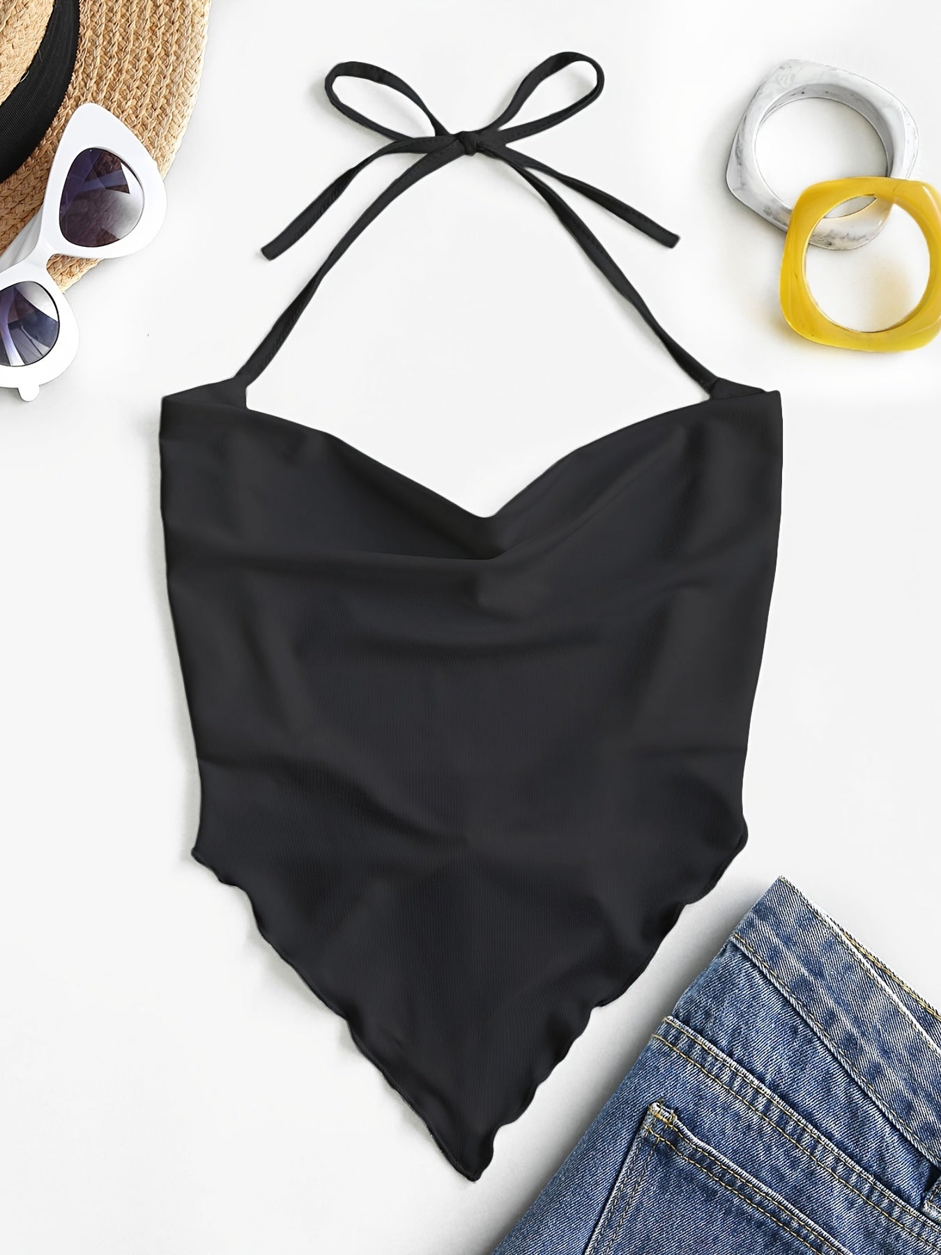 Solid Crop Halter Top, Casual Every Day Top For Summer & Spring, Women's Clothing