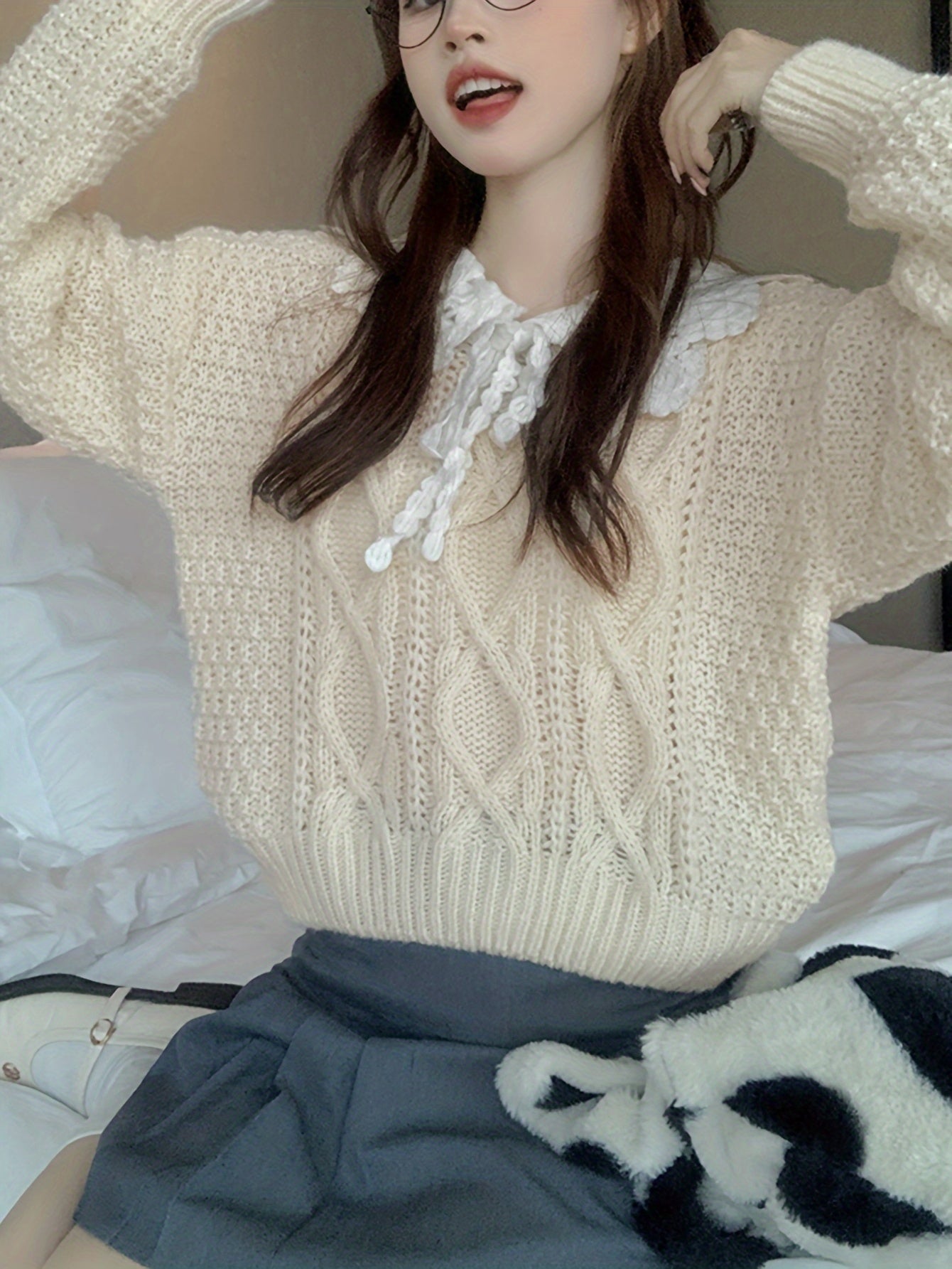 Sixsr Geo Pattern Peter Pan Collar Sweater, Sweet Long Sleeve Sweater For Fall & Winter, Women's Clothing