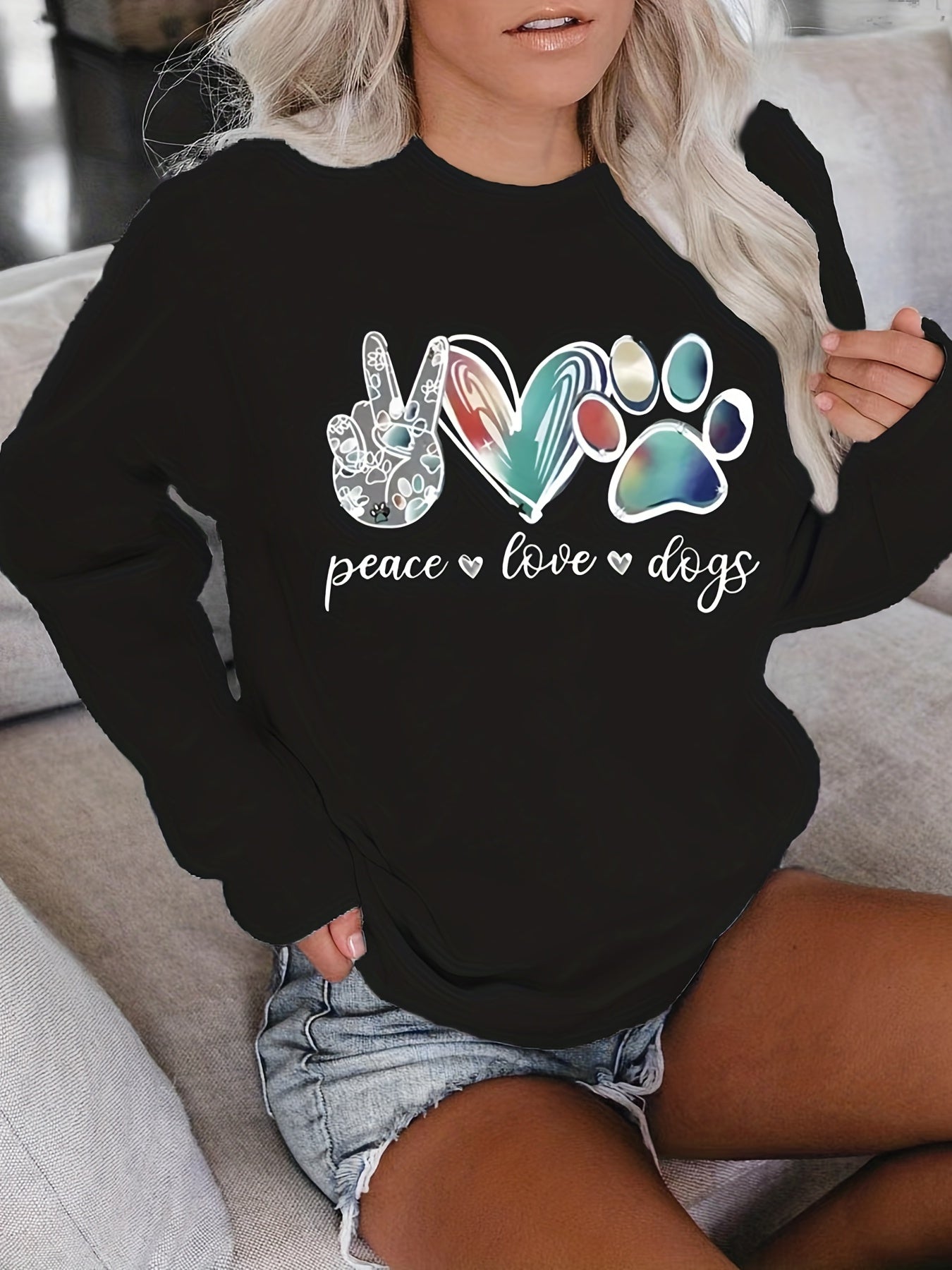 Sixsr Plus Size Casual Sweatshirt, Women's Plus Art Letter & Heart & Paw & Hand Print Long Sleeve Round Neck Slight Stretch Sweatshirt