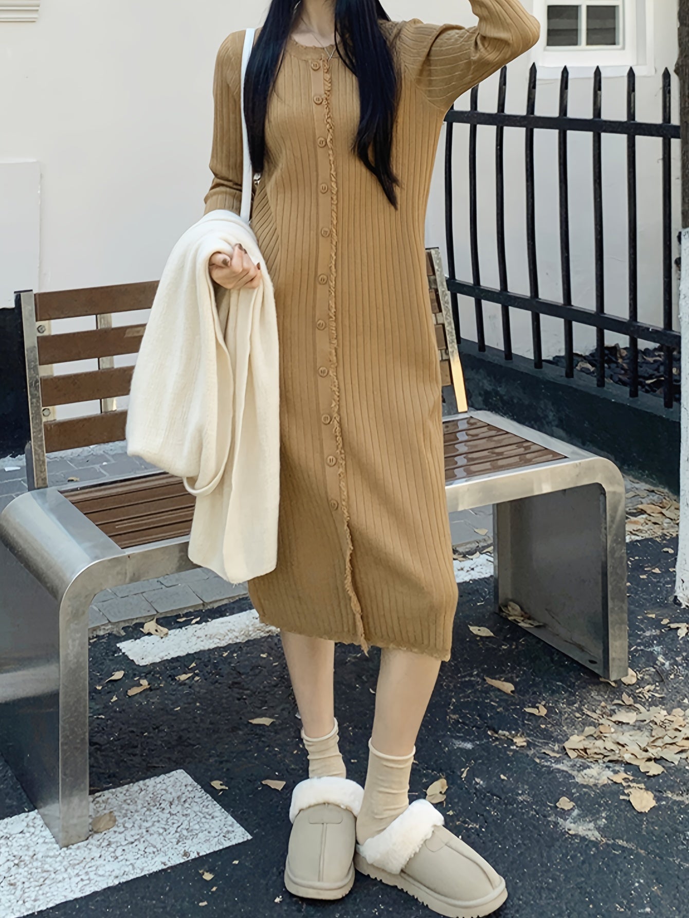 Sixsr Button Front Solid Dress, Elegant Long Sleeve Dress For Spring & Fall, Women's Clothing