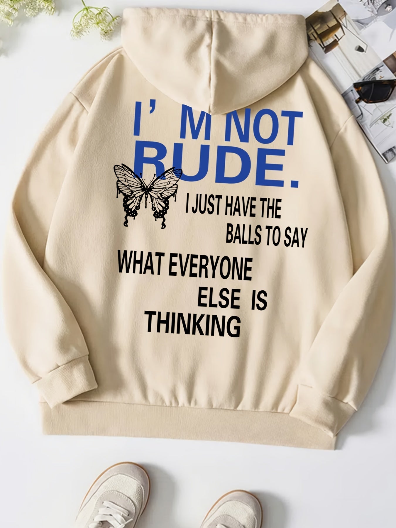 Sixsr Butterfly Letter Print Drawstring Loose Hoodie, Casual Hooded Pocket Fashion Long Sleeve Sweatshirt, Women's Clothing