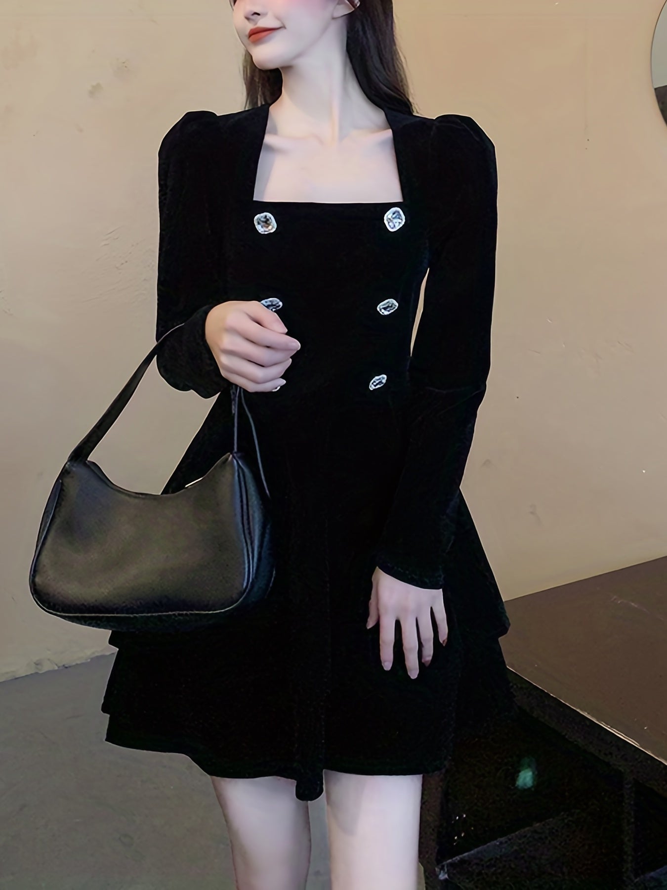 Sixsr Double Breasted Solid Dress, Casual Squared Neck Long Sleeve Dress, Women's Clothing