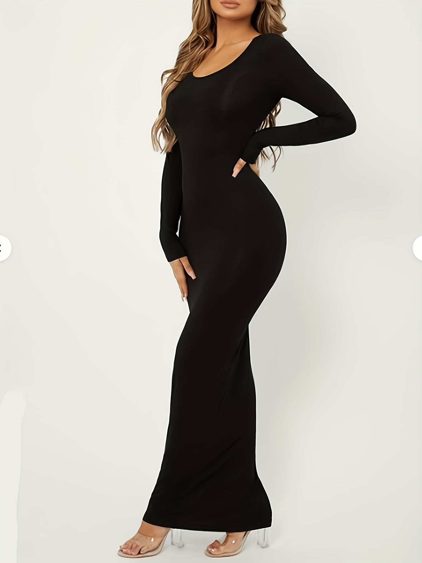 Sixsr Solid Crew Neck Dress, Elegant Long Sleeve Long Length Bodycon Dress, Women's Clothing