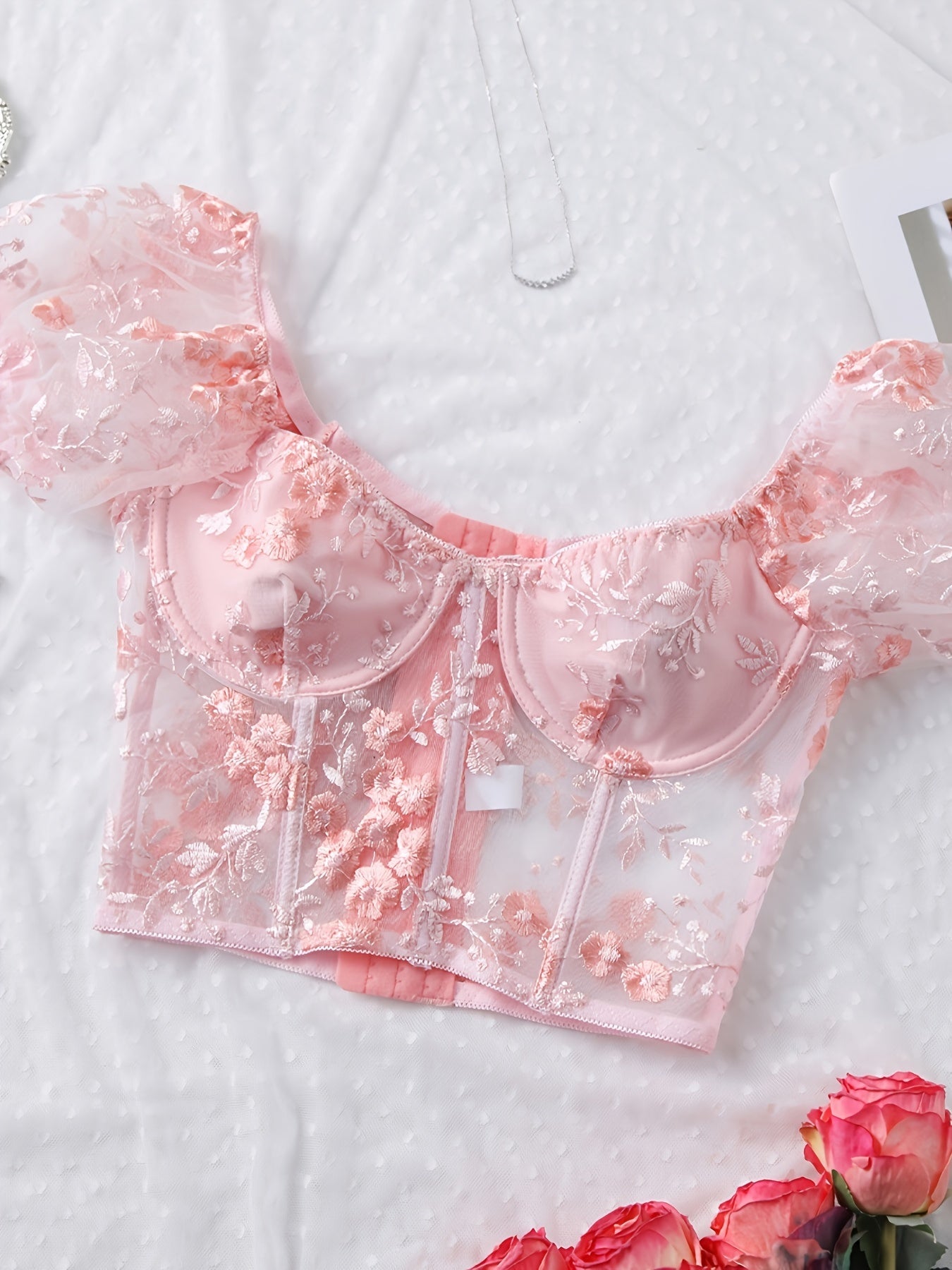 Sixsr Hot Floral Embroidery Bustier, Puff Sleeve Fishbone Bustier, Women's Sexy Lingerie & Underwear