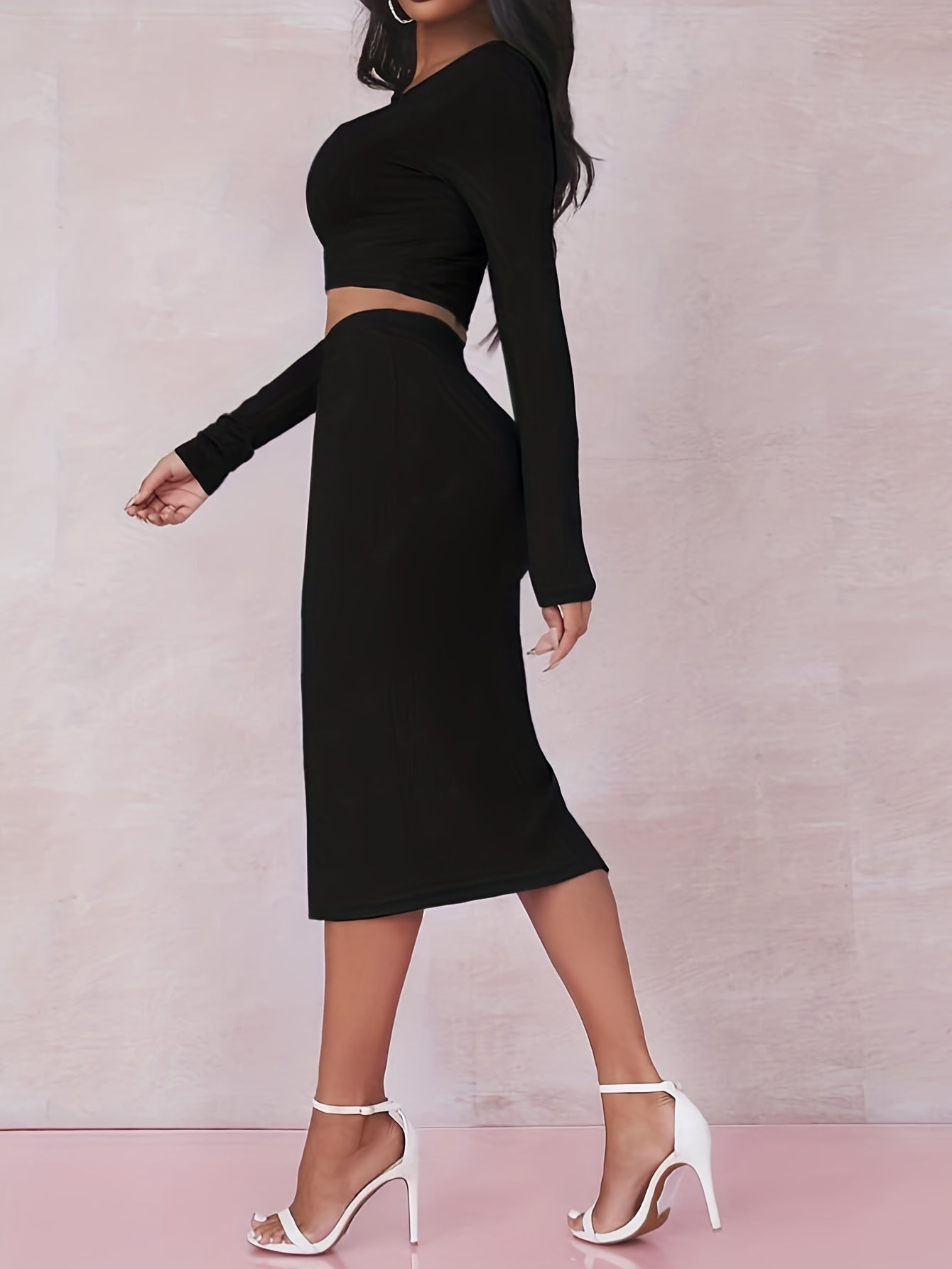 Sixsr Solid Slim Two-piece Skirt Set, Square Neck Long Sleeve Crop Top & Split Hem Skirt Outfits, Women's Clothing