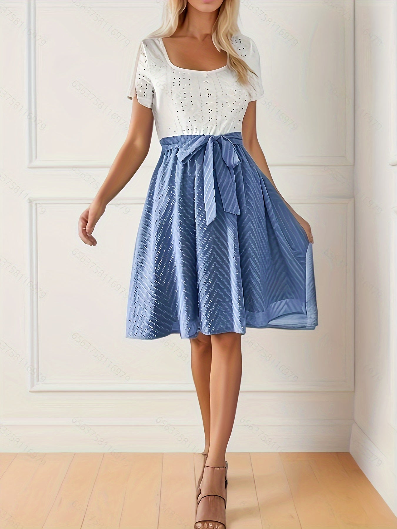 Sixsr Color Block Simple Dress, Elegant Squared Neck Short Sleeve Dress, Women's Clothing