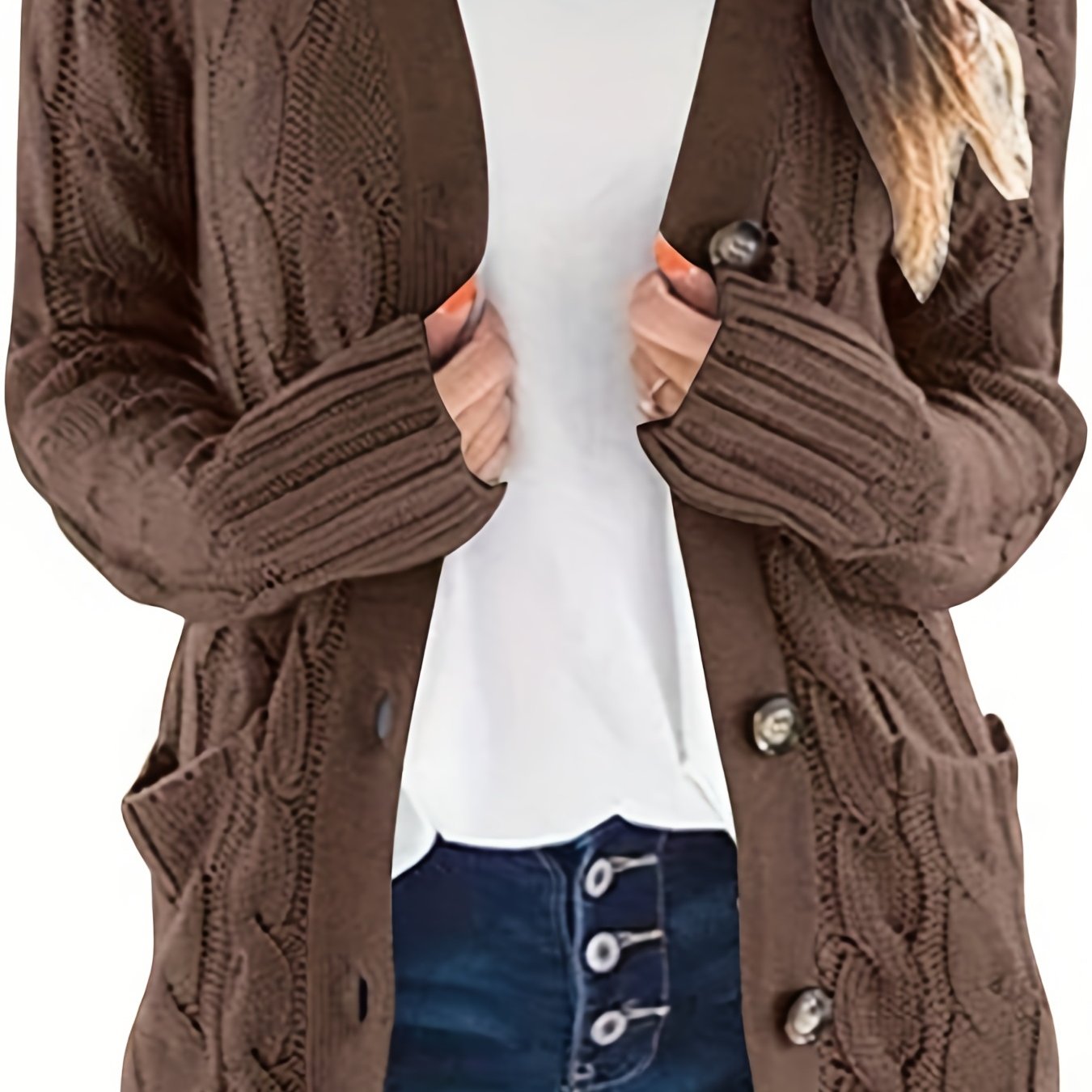 Sixsr Cable Knit Button Front Cardigan, Casual Solid Long Sleeve Cardigan For Fall & Winter, Women's Clothing