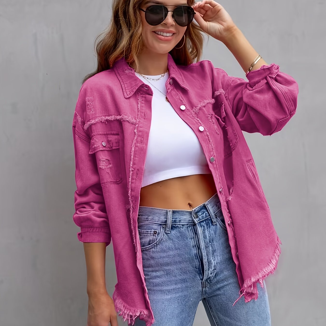 Sixsr Plain Ripped Holes Denim Jackets, Long Sleeves Frayed Hem Casual Lapel Denim Coats, Women's Denim Clothing