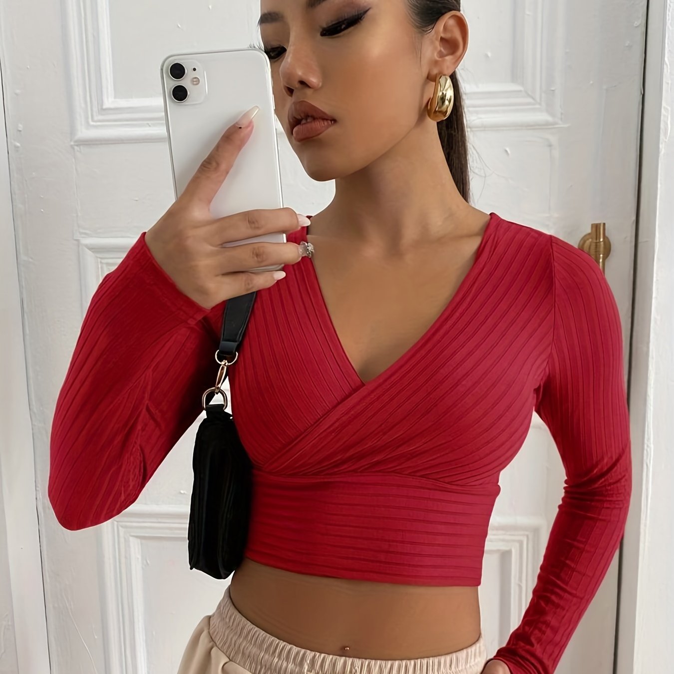 Sixsr Ribbed Solid Deep V Neck Long Sleeve Cross Wrap Crop Tops , Women's Clothings