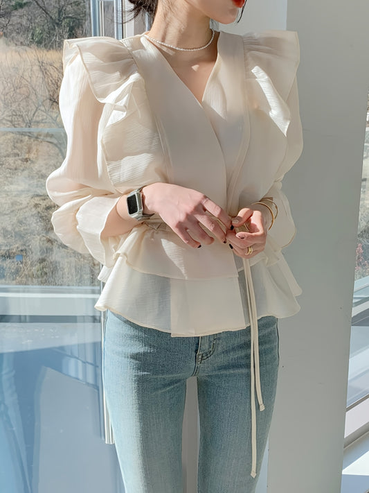 Sixsr Ruffle Trim V Neck Tiered Blouse, Chic Lantern Sleeve Tied Blouse For Spring & Fall, Women's Clothing