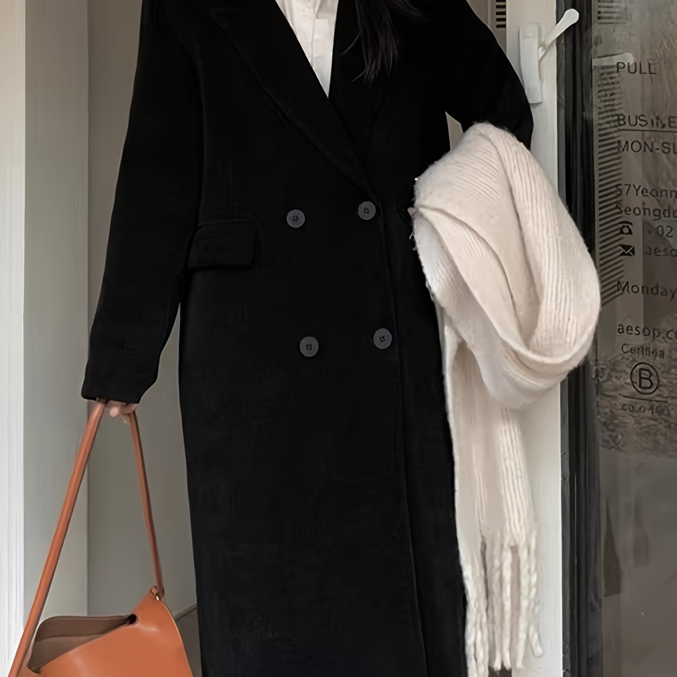 Sixsr Solid Double-breasted Overcoat, Casual Long Sleeve Lapel Warm Outwear For Fall & Winter, Women's Clothing