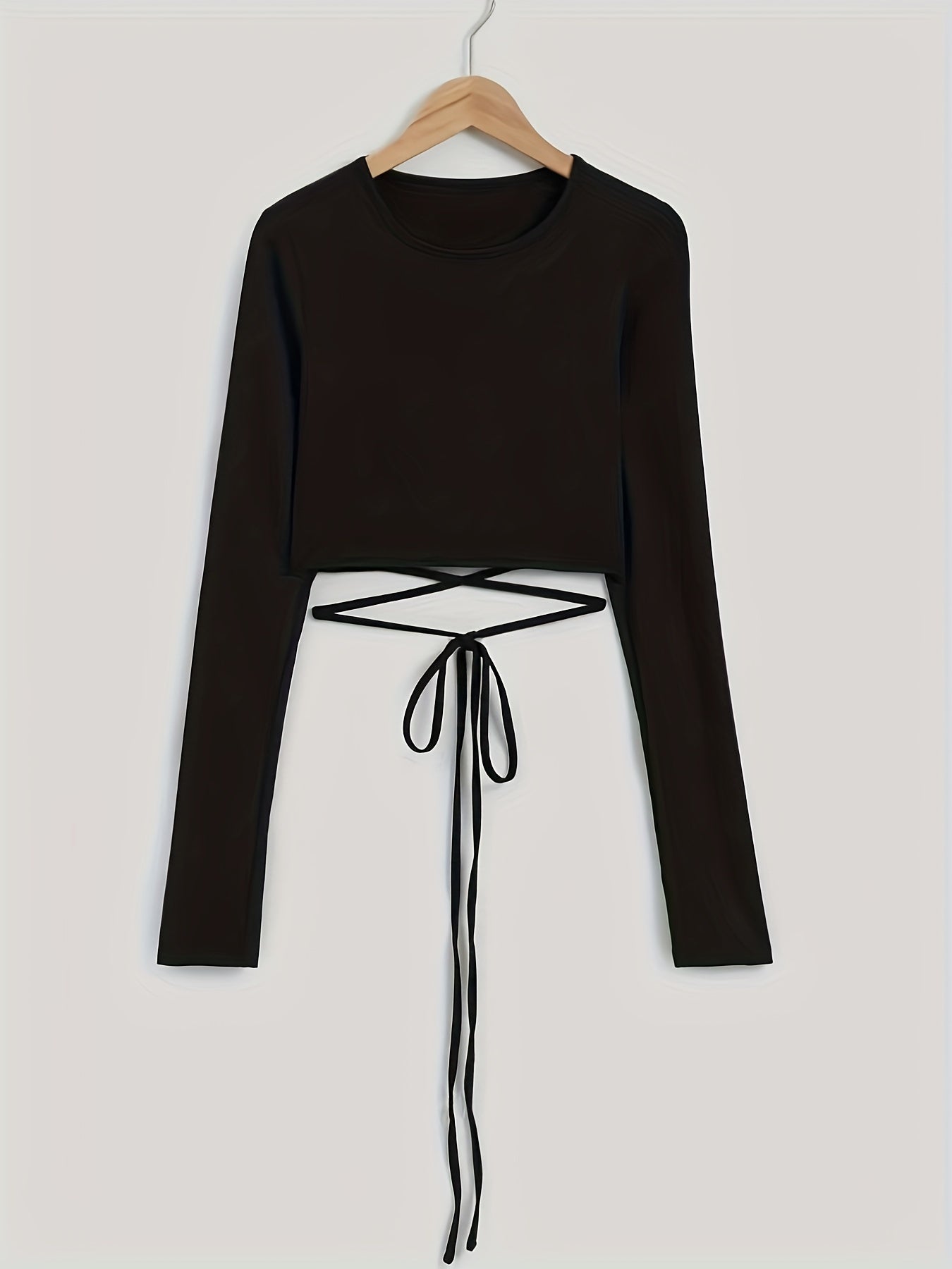 Sixsr Solid Cross Strap Mock Neck Crop T-Shirt, Casual Long Sleeve Top For Spring & Fall, Women's Clothing