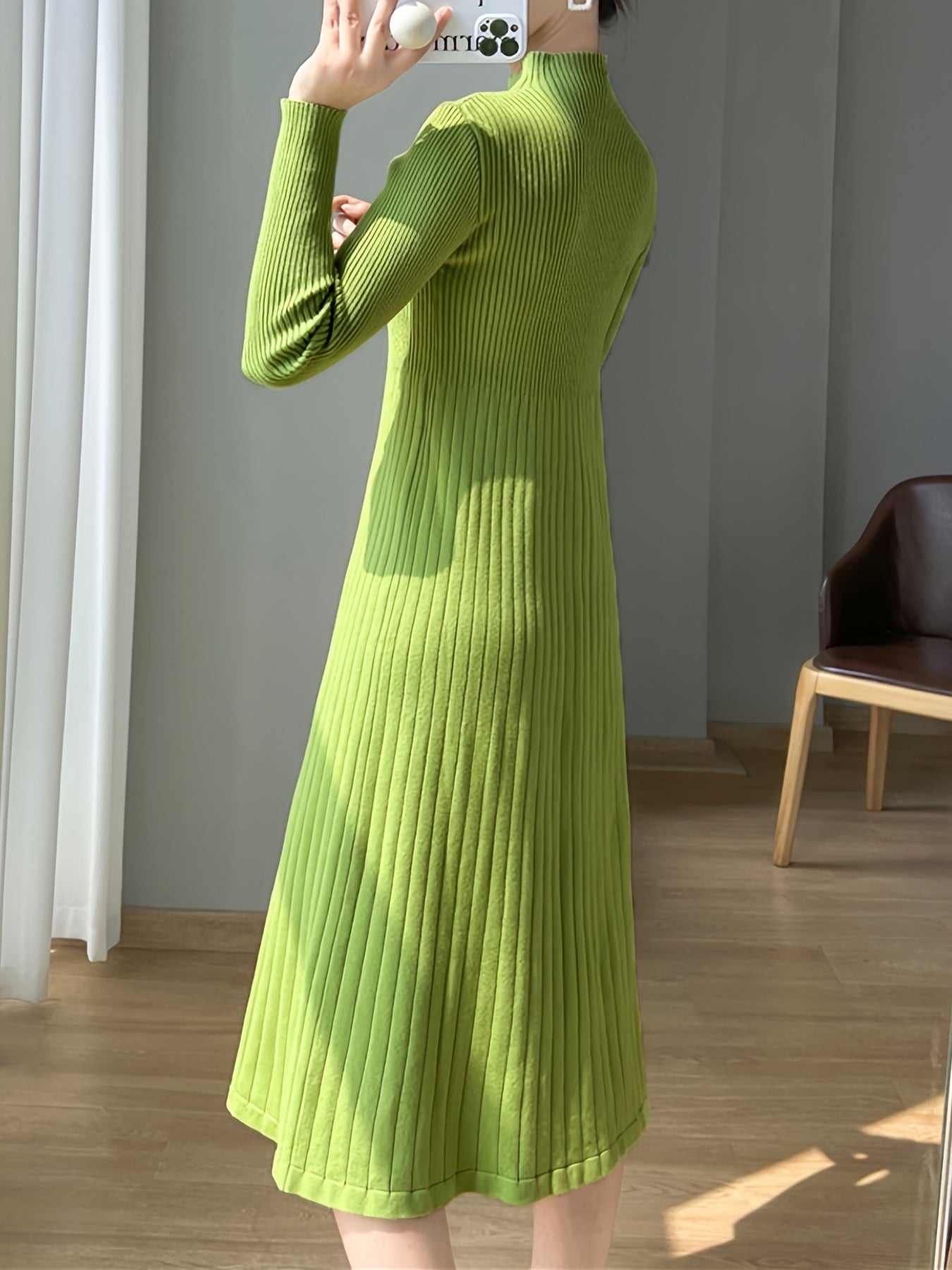 Sixsr Solid Ribbed Midi Dress, Elegant Mock Neck Long Sleeve Dress, Women's Clothing