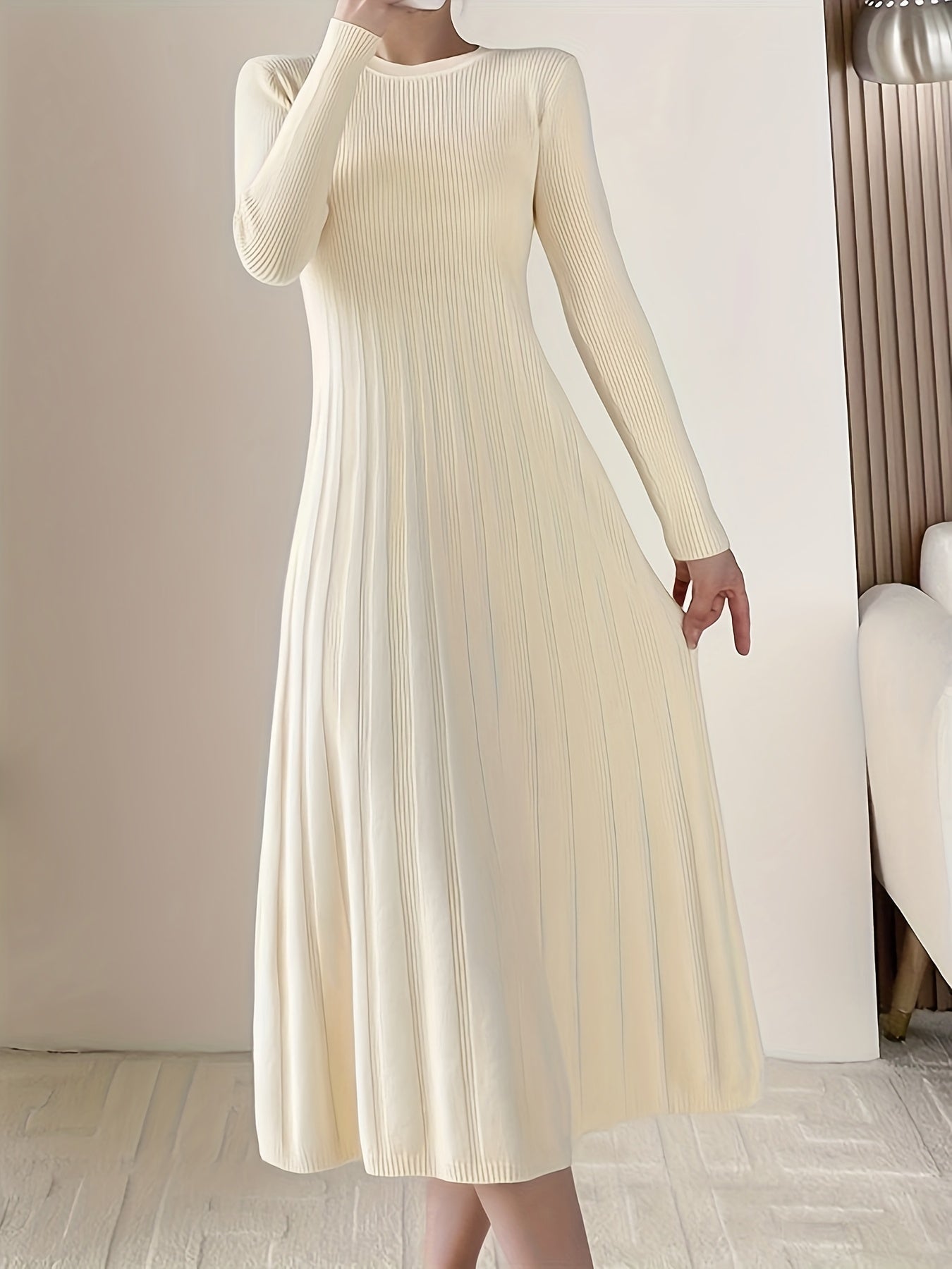 Sixsr Solid Crew Neck Slim Dress, Elegant Long Sleeve Aline Dress For Spring & Fall, Women's Clothing